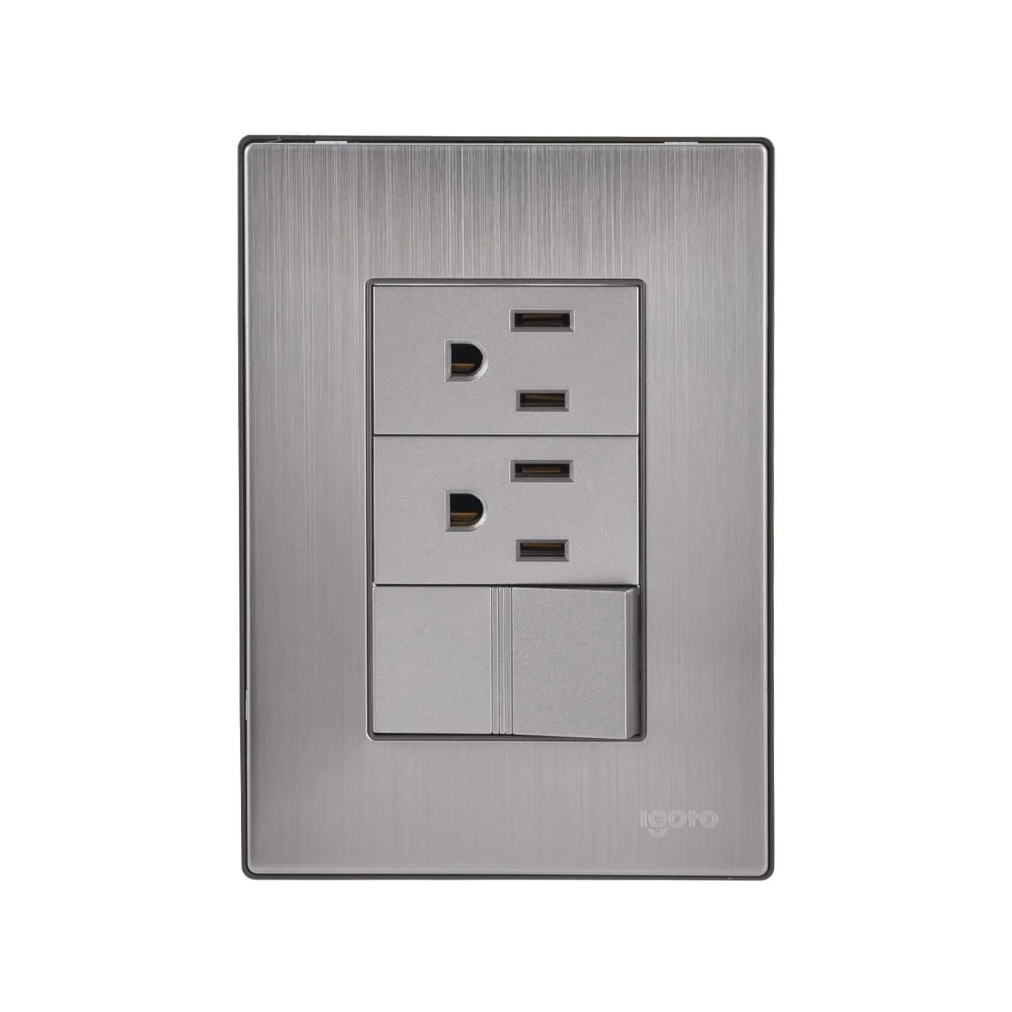 Fabricada de acero inoxidable.,Placa un apagador y dos contactos.,Mecanismos de cobre y latón.,240 V - 10 A - 60 Hz,Policarbónato auto extinguible.,Fácil de instalar.