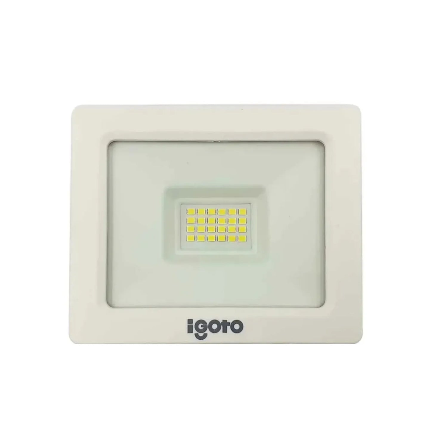 Reflector LED iGoto de 20W luz fría con carcasa blanca, ideal para iluminación exterior de alta eficiencia.