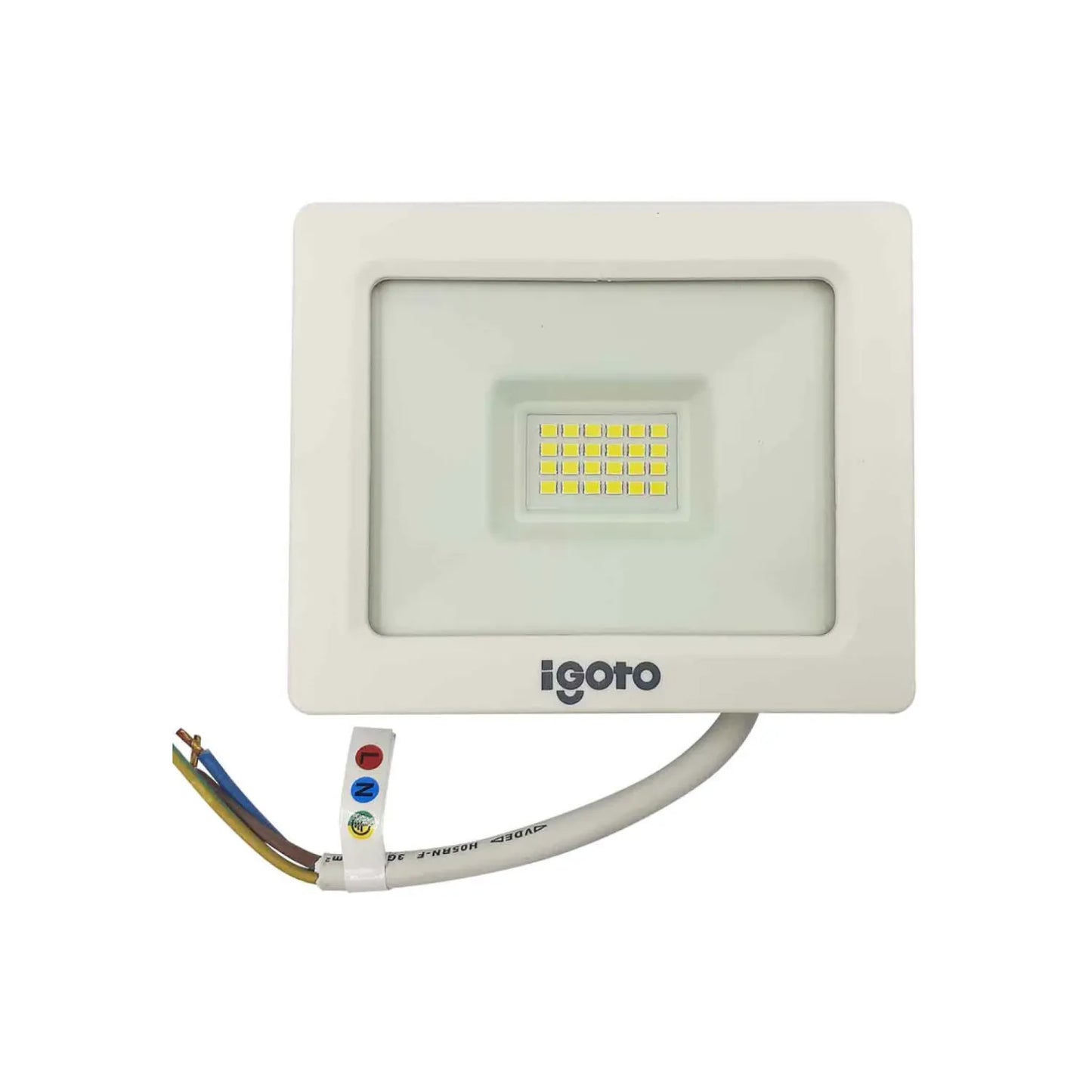 Potencia: 20 W,Lúmenes: 2000 lm,Voltaje: 110-240 V,Amperaje: 0,2 A,Frecuencia: 50/60 Hz,Temperatura: 6500k (luz fría).,Vida útil: 30,000 horas.,Grado de protección: IP65,Consumo de energía en operación: 19,98 WH.,Conexión por cableado.,Tipo de cable: cobre con recubrimiento de caucho.,Reflector LED,Cubierta de aluminio.,Marco protector color blanco.,Cubierta cristal templado.