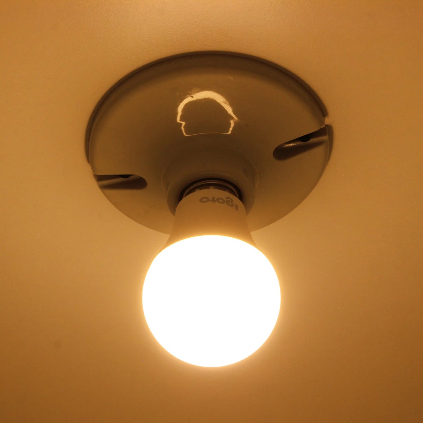 Foco LED Igoto de luz cálida encendido, montado en portalámparas de techo para iluminación interior.