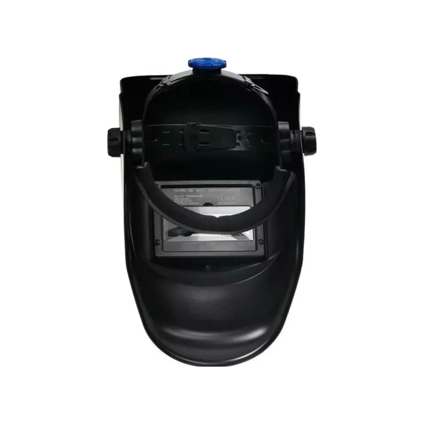 Careta para soldar automática negra vista interior con filtro auto-oscurecible y ajuste de cabeza
