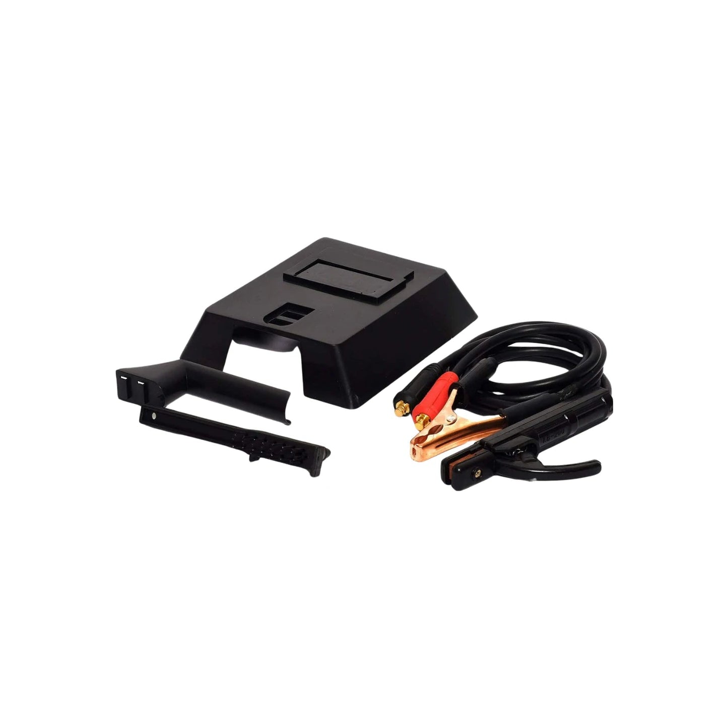 Accesorios soldadora Igoto: careta de mano negra, cables de soldadura con pinza porta electrodo roja y pinza de tierra negra