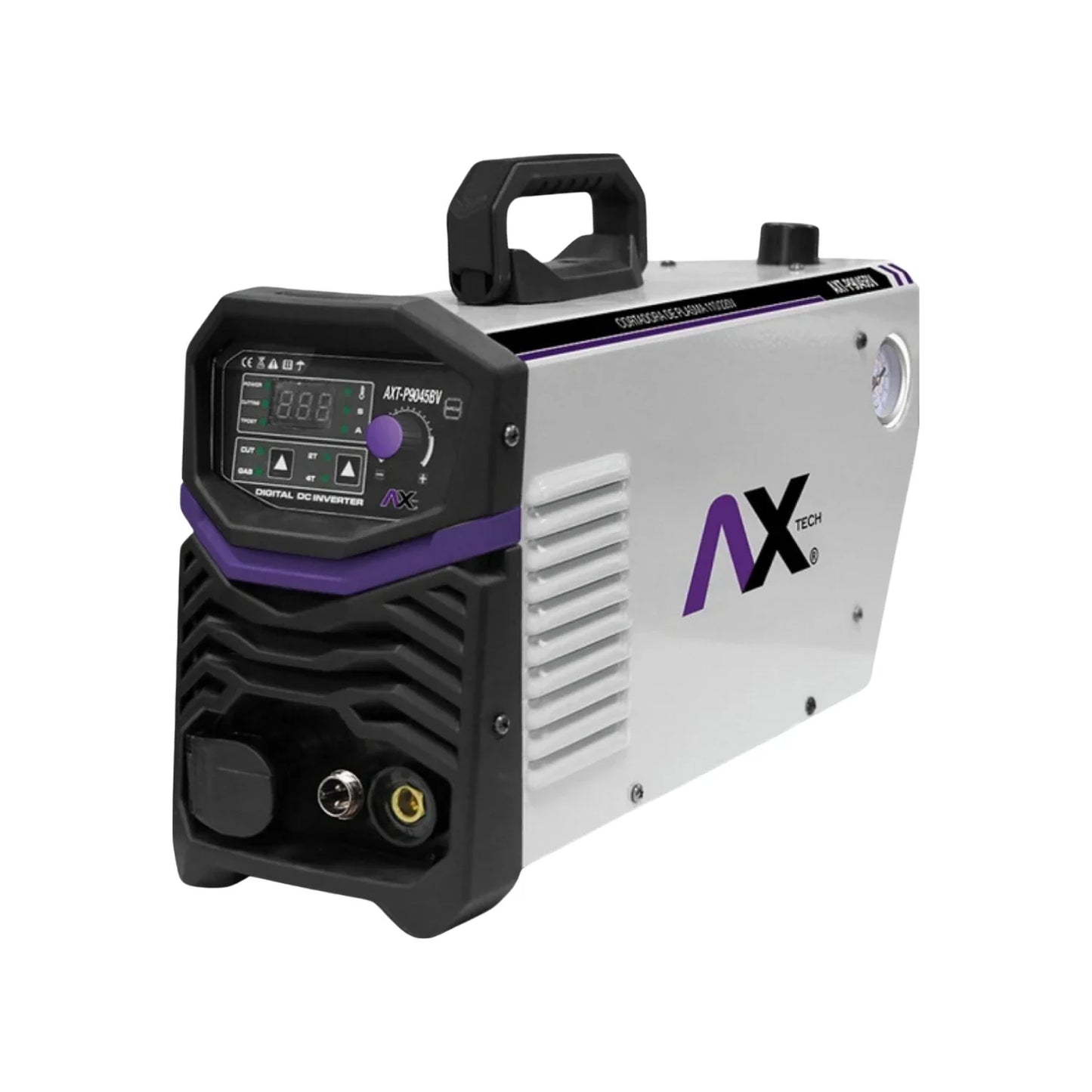 AXT-P9045BV,Voltaje de alimentación: 110/220 V,Consumo: 5000W/110 V y 8000W/220 V,Rango de amperaje: 20-30A/110 V y 20-45A/220 V,Voltaje en vacío: 220 V,Frecuencia: 60 Hz,Amperímetro Digital.,Bornes: 1/8-1/2",Alimentación de aire requerida: 170L/min, 60 PSI,Regulador de aire integrado.,Botón para test de electro válvulA,Selector para corte en continuo o de rejilla.