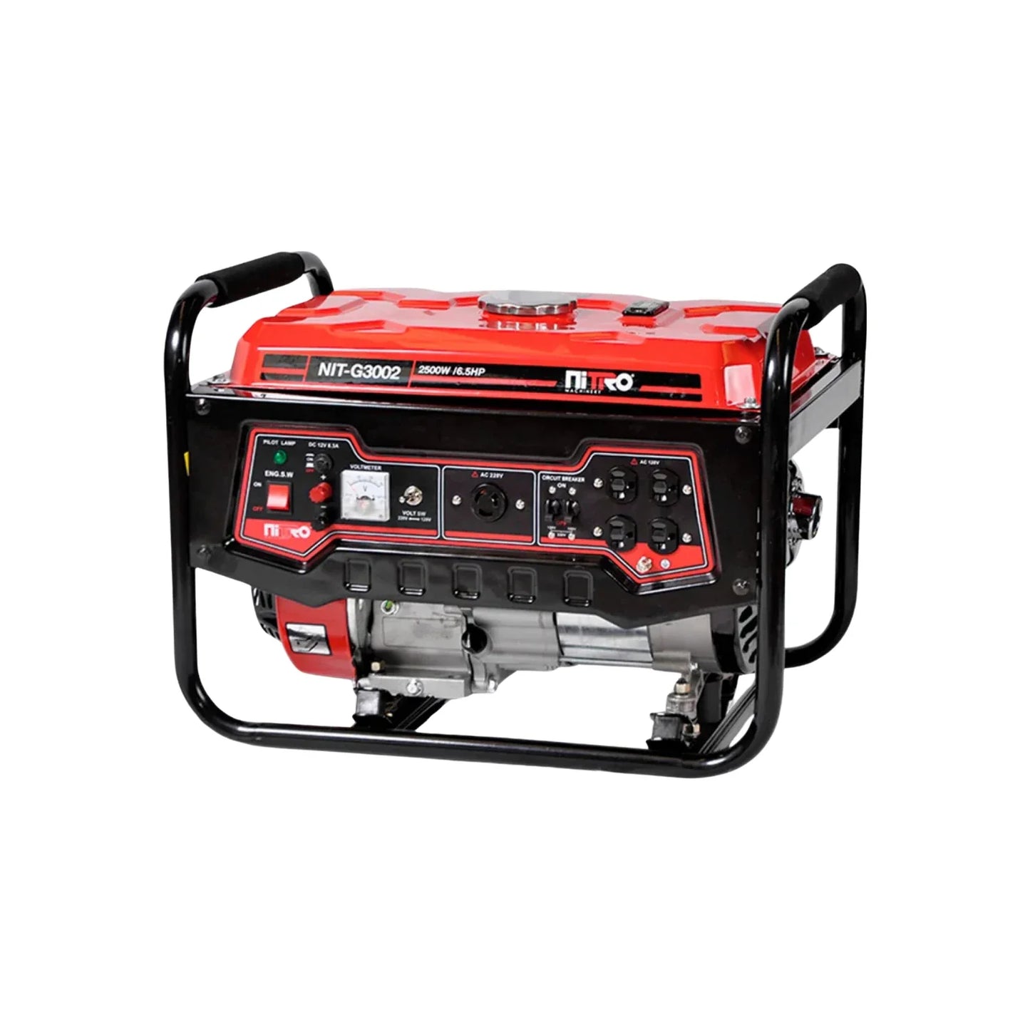 Motor de gasolina de 4 tiempos de 6.5 HP con encendido manual.,Entrega máxima: 2800w y entrega continua: 2500 W,Peso: 43 kg,120/240 V / 60 hz