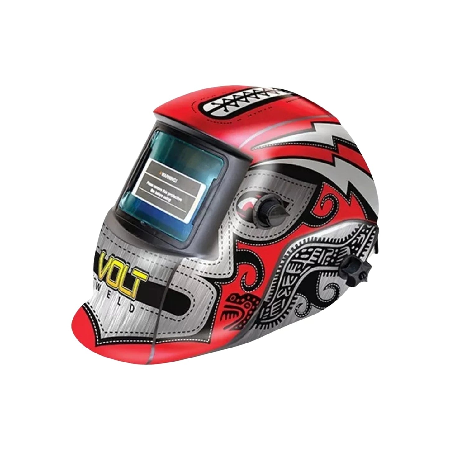 Careta automática para soldar Volt Weld roja y plata con diseño de luchador tribal
