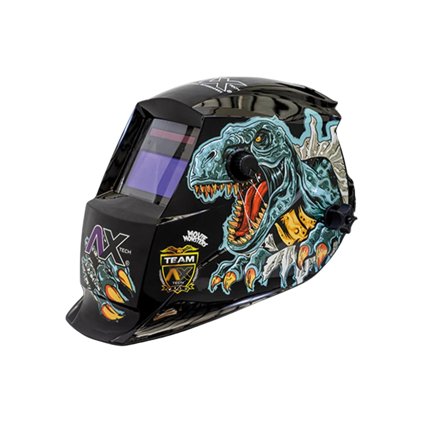 Careta para soldar automática Axtech negra con diseño de T-Rex furioso, lente auto-oscurecible profesional