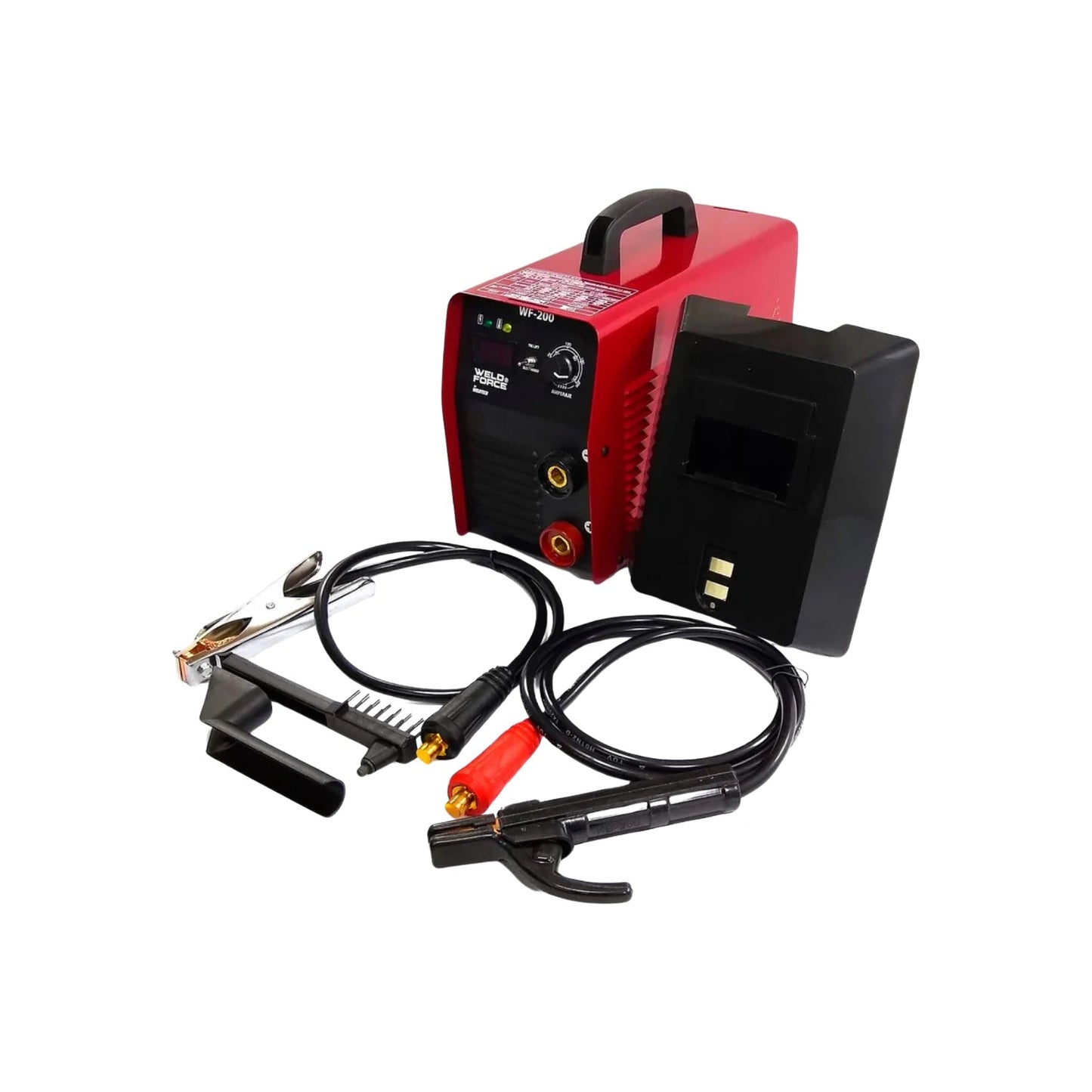 Soldadora inversora Weld Force WF-200 roja, kit con careta, cables, pinzas y cepillo para soldar