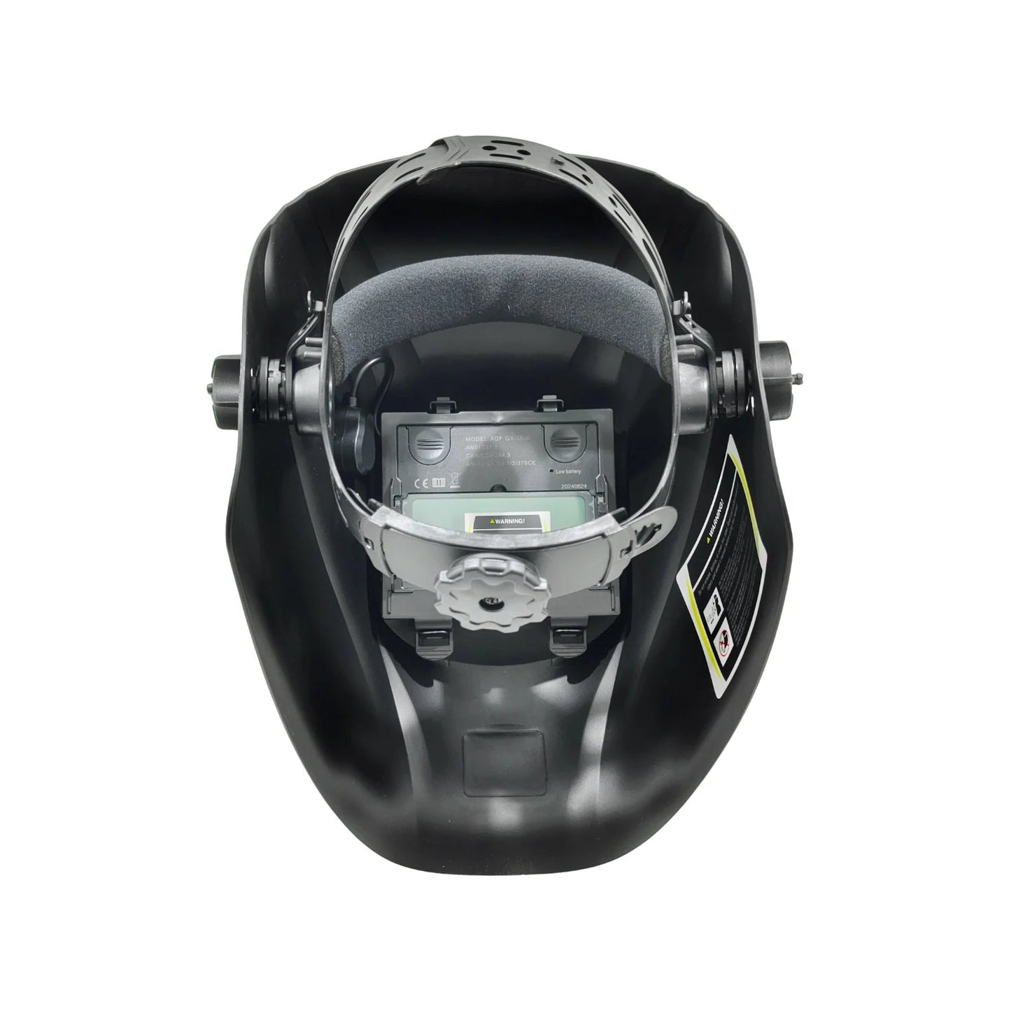 Careta para soldar automática negra, vista interior con arnés ajustable y filtro auto-oscurecible.