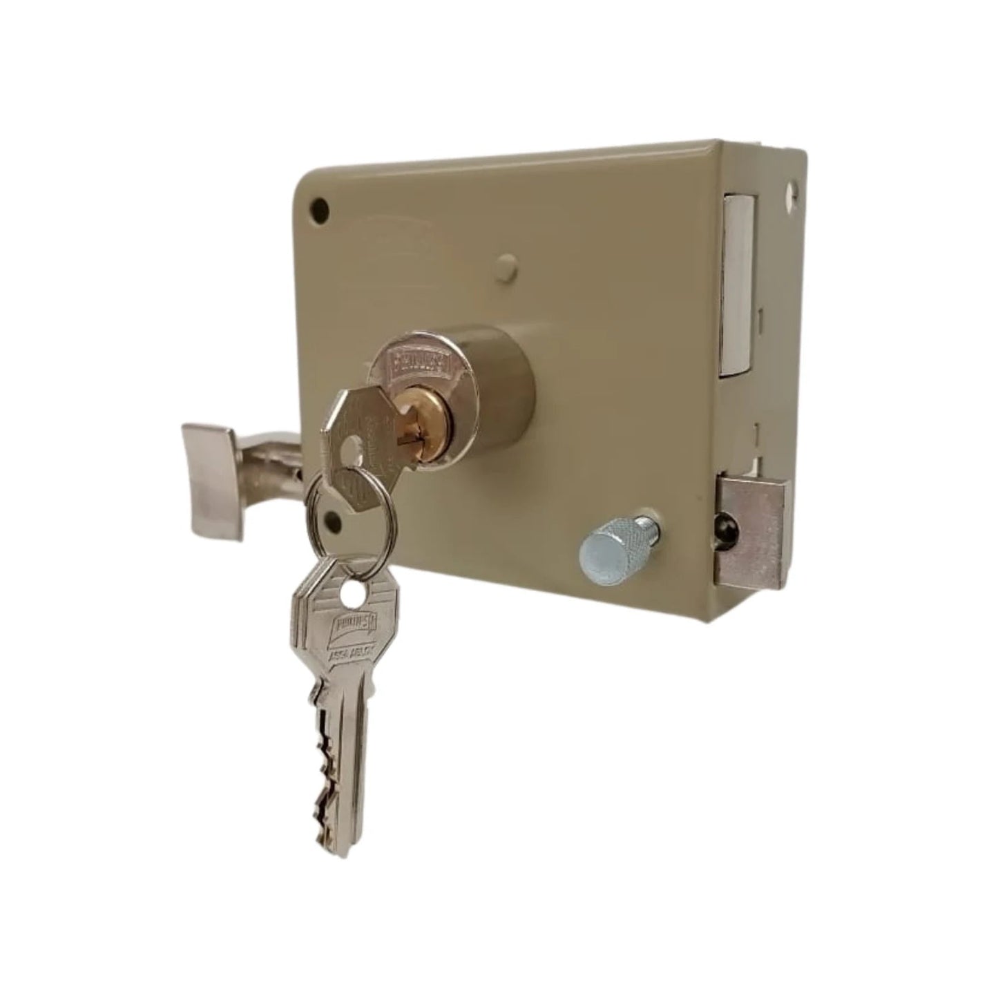 Cerradura Phillips de sobreponer derecha beige, con bombín y llaves, fácil instalación