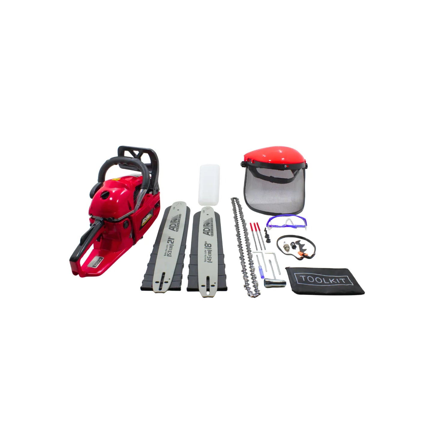 Motosierra a gasolina ADIR roja con espadas de 18 y 21 pulgadas, cadena, careta protectora y estuche de herramientas.