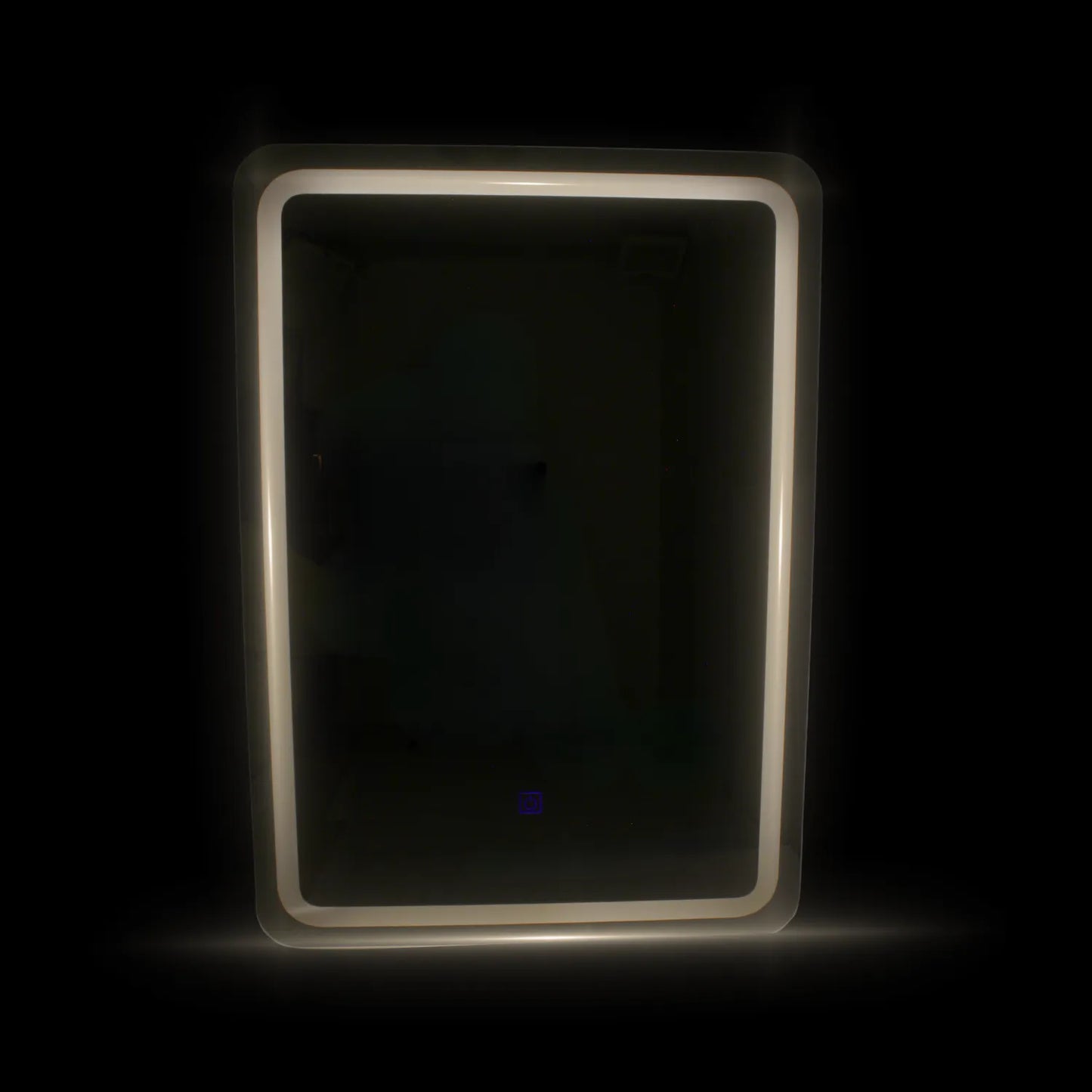Espejo de baño rectangular con iluminación LED perimetral y sensor de encendido táctil frontal.
