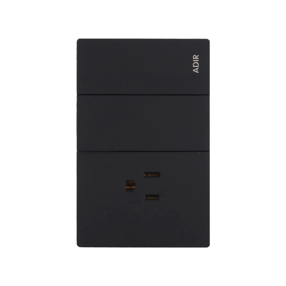Placa armada ADIR negro mate con dos interruptores y un contacto aterrizado para instalaciones eléctricas.