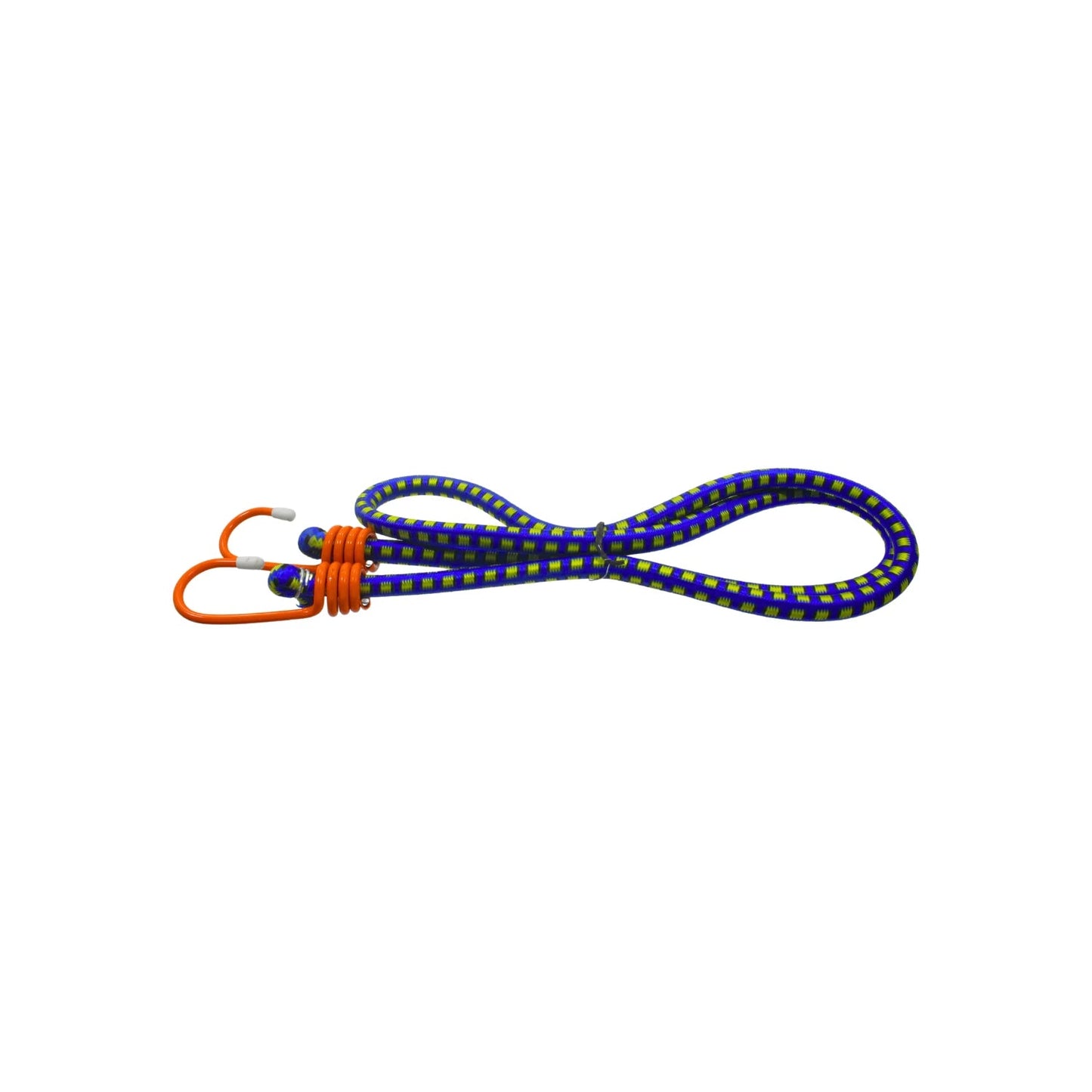 Tensor elástico azul y amarillo con ganchos naranjas para asegurar cargas y equipaje