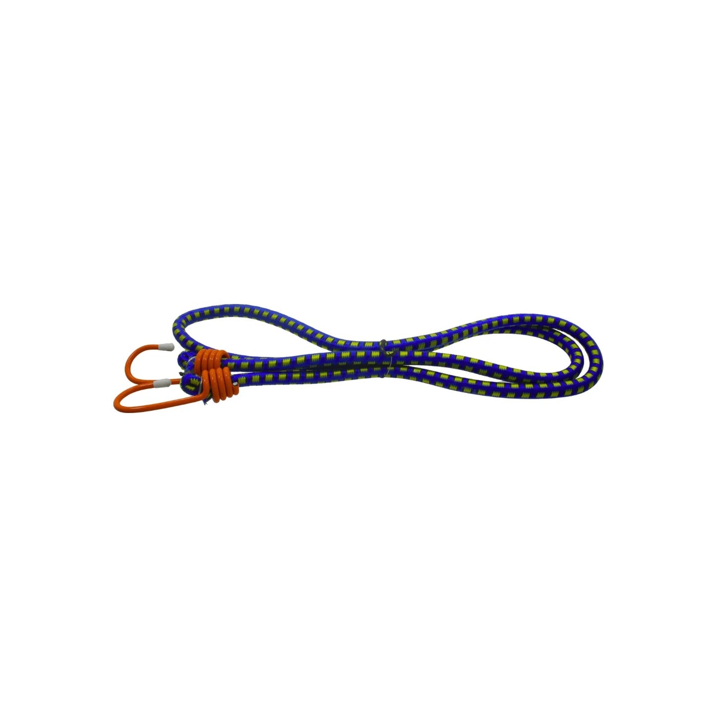 Tensor elástico azul y amarillo con ganchos naranjas para sujeción de carga y objetos.