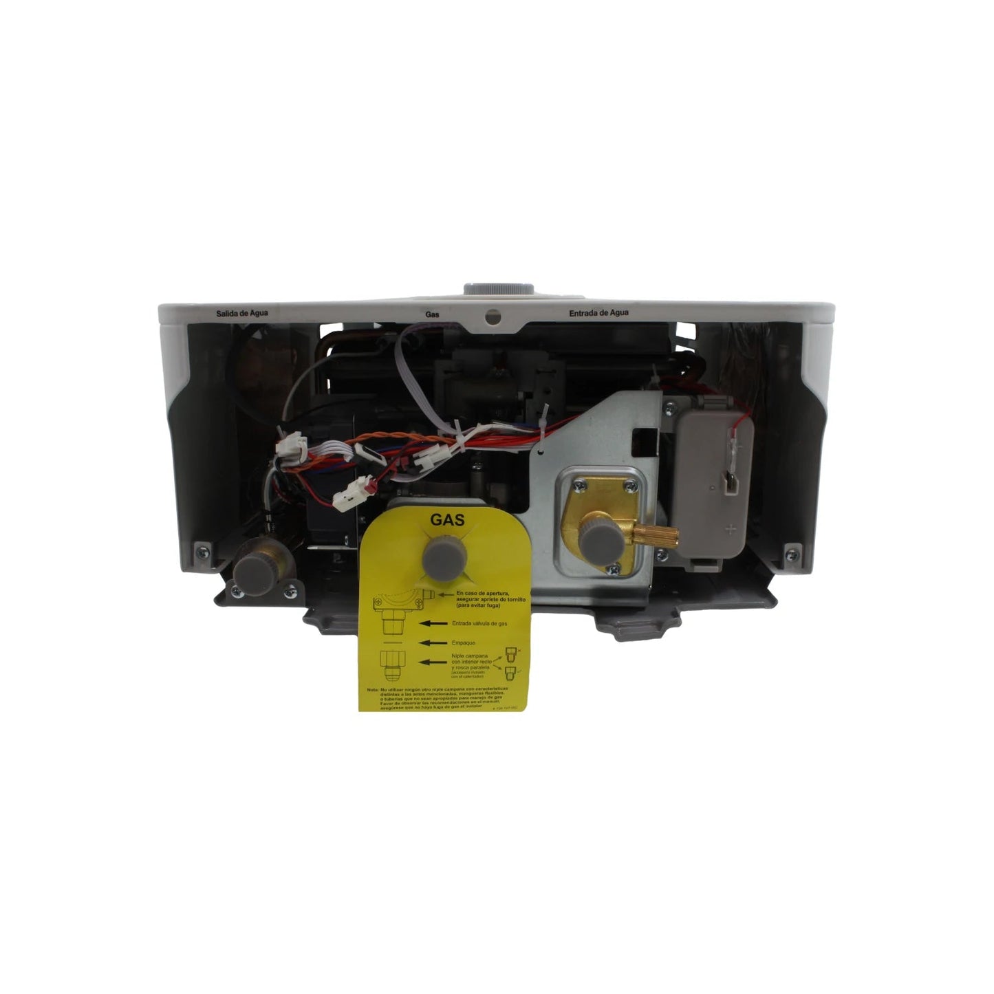 Boiler de paso a gas, vista superior interna con conexiones de entrada/salida de agua y gas, y guía de instalación.