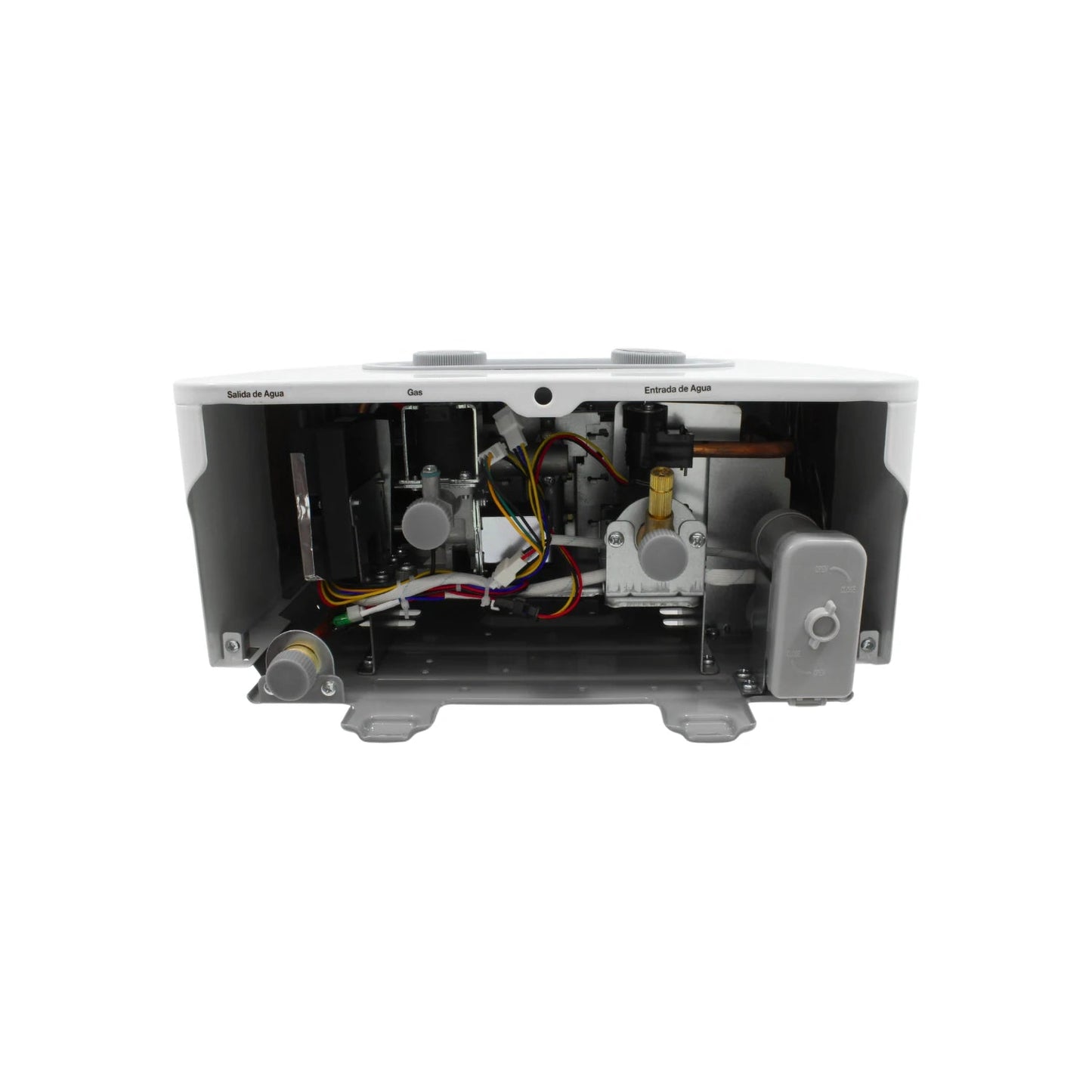 Vista interna de boiler de gas instantáneo. Muestra conexiones de agua, gas, válvulas y cableado para instalación.