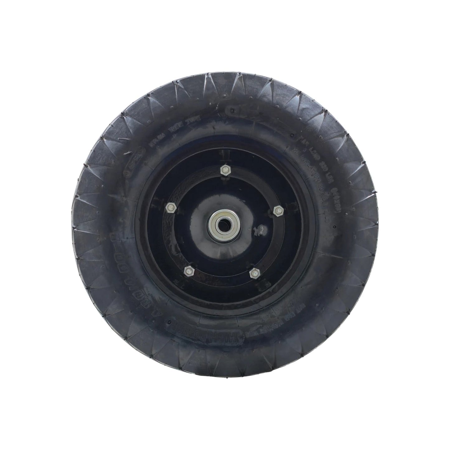 Llanta neumática completa negra para carretilla, eje central con balero, capacidad 330 lbs, tipo tubo.