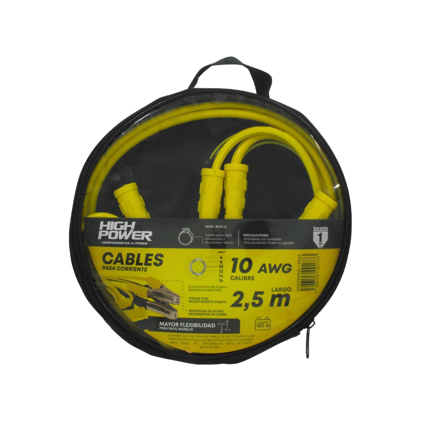 Pasa corriente amarillo High Power 10 AWG 2.5m para arrancar baterías de auto, con pinzas robustas en estuche.