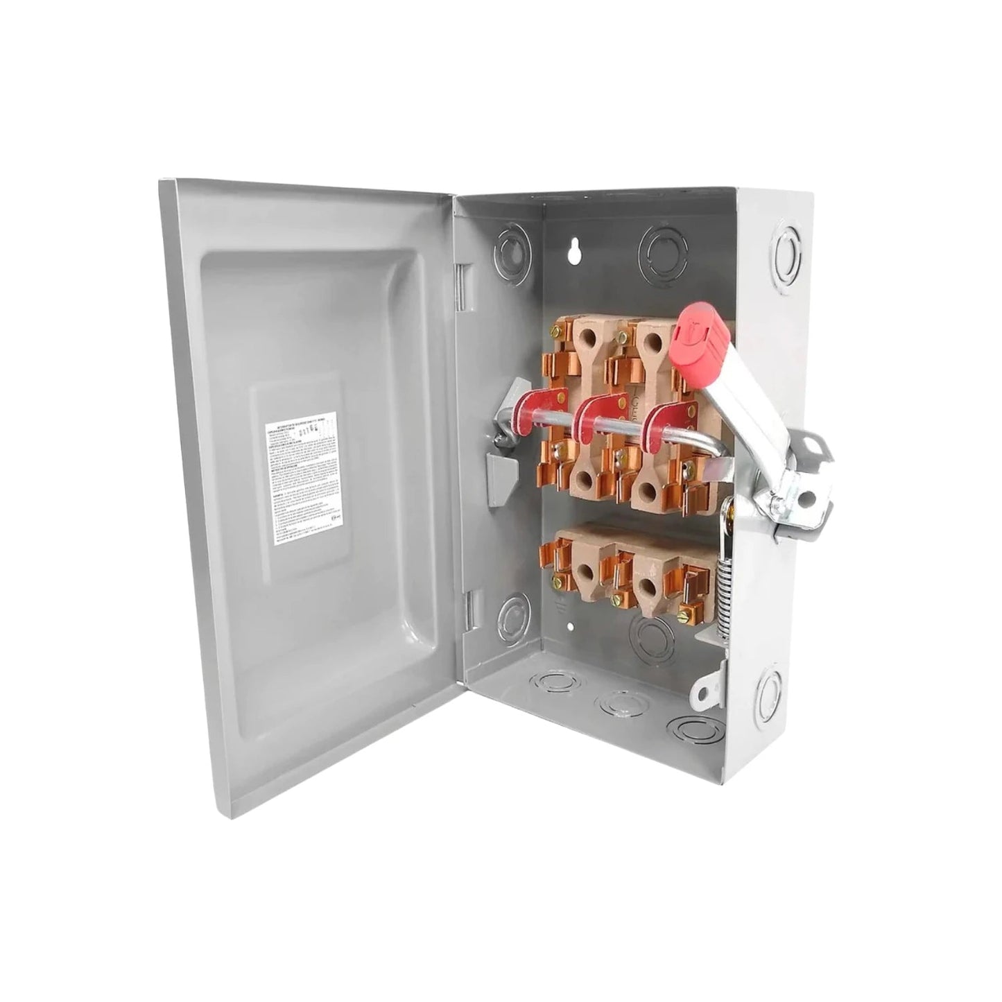 Interruptor de seguridad eléctrico 3 polos en caja metálica gris. Contactos de cobre y aisladores de porcelana, con palanca roja.