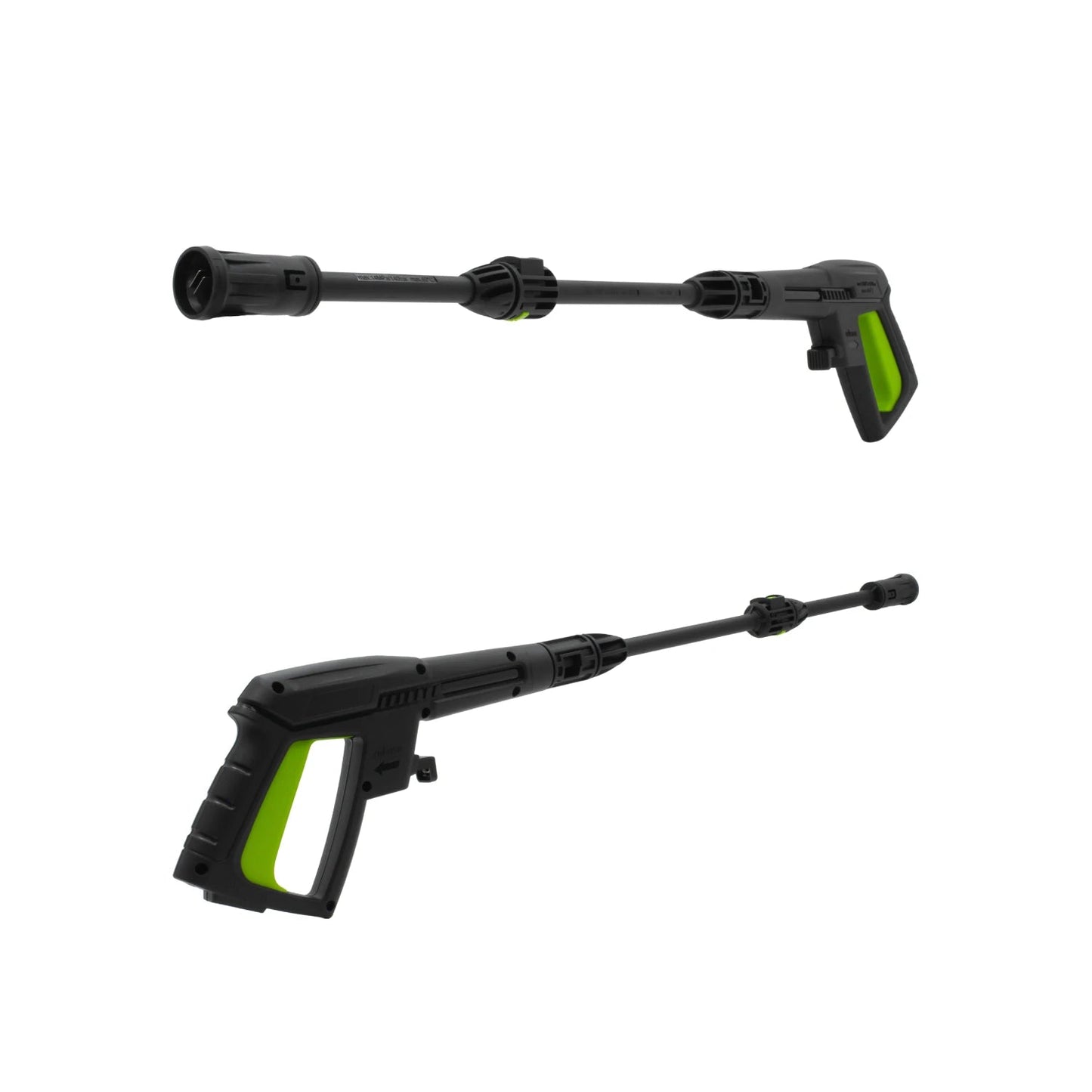 Pistola de hidrolavadora con lanza, diseño ergonómico negro y verde para limpieza a presión.