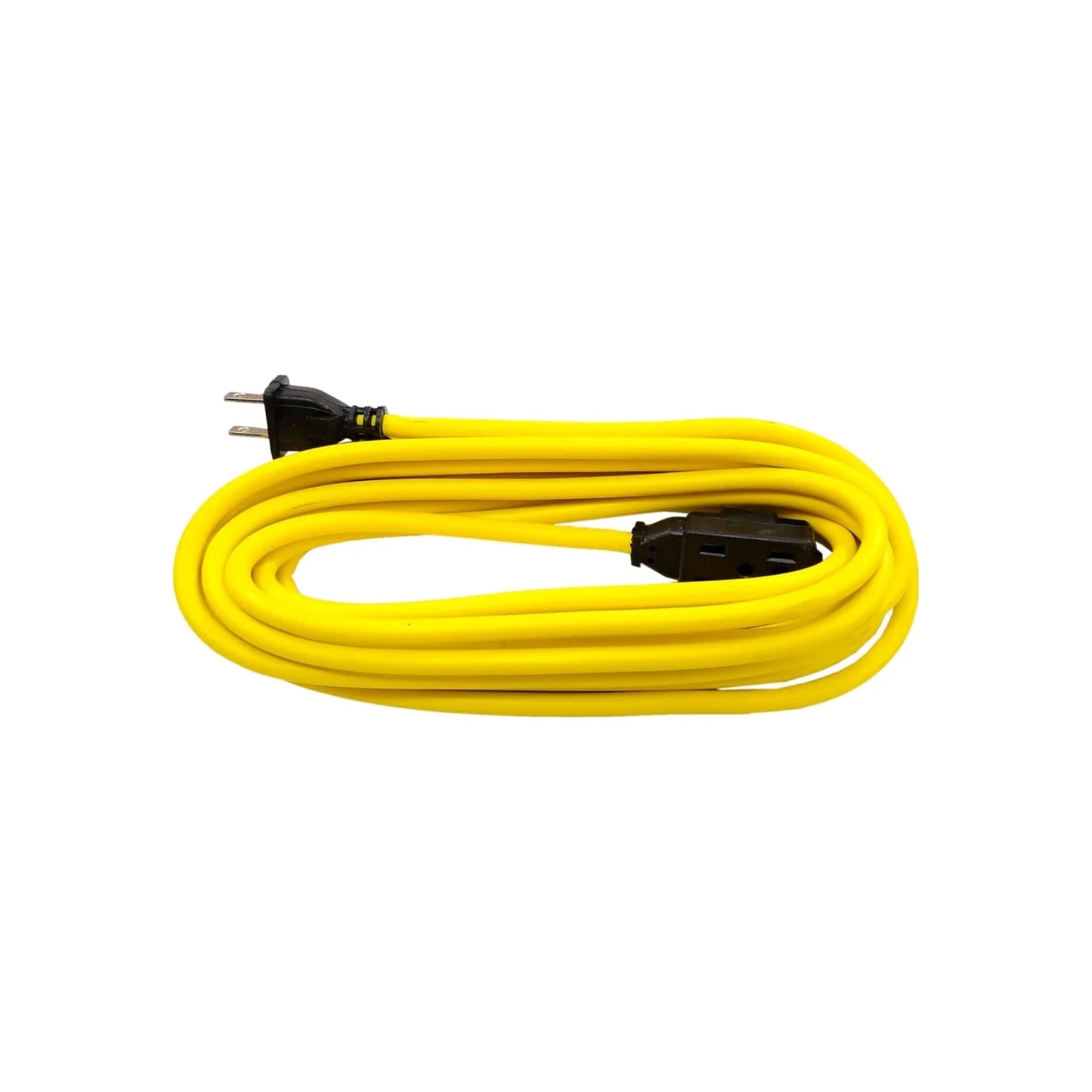 Extensión eléctrica amarilla de uso rudo, enrollada con enchufe de 2 pines y receptáculo hembra, ideal para taller.