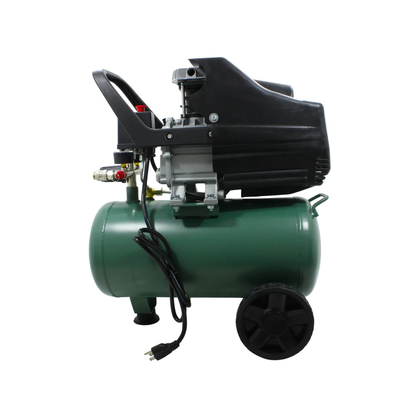 Compresor de aire portátil tanque verde con motor eléctrico ruedas y manija para taller o reparaciones domésticas
