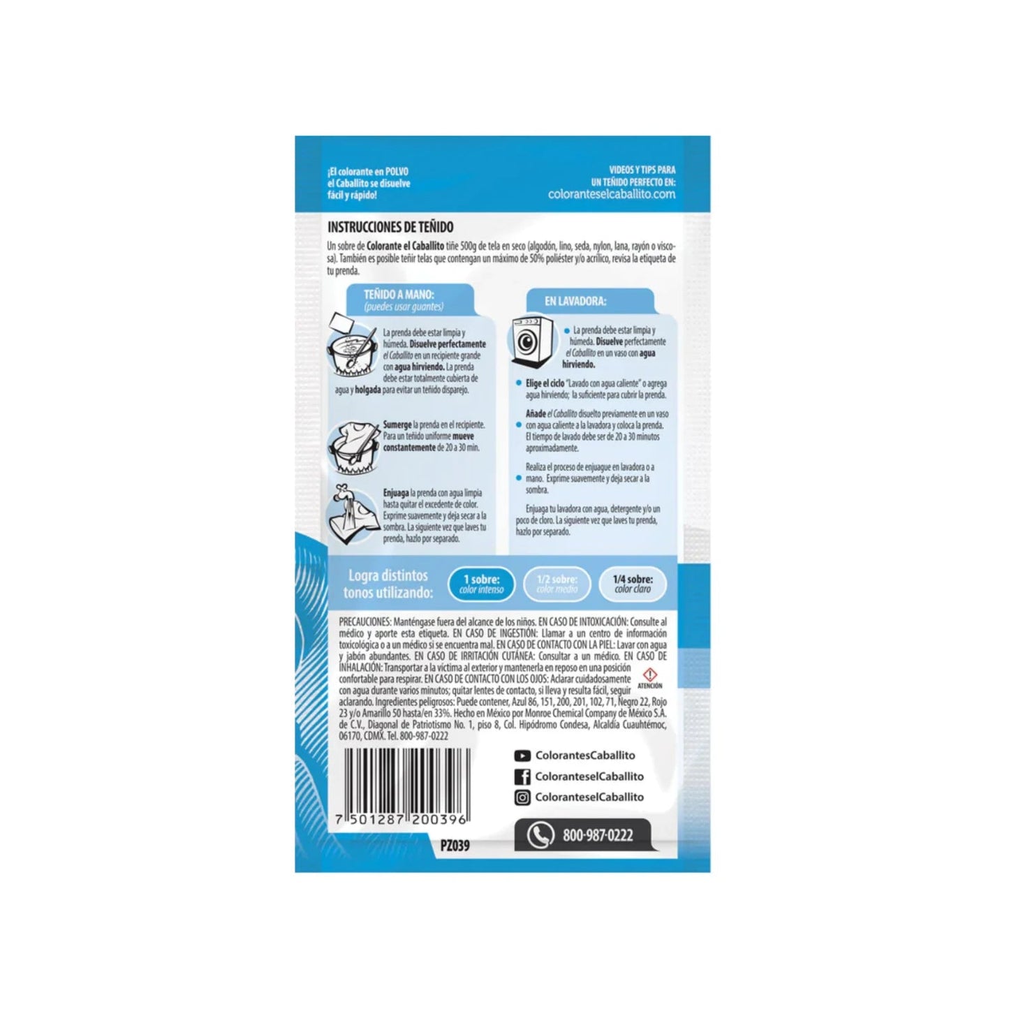 Tinte para tela Caballito azul cielo, instrucciones detalladas para teñir ropa a mano o en lavadora.