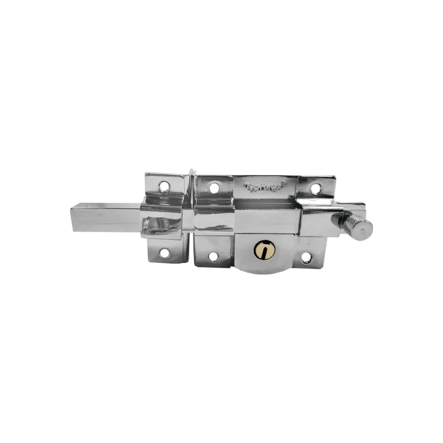 Chapa de barra fija.,Cilindro de latón solido.,5 pernos de seguridad y seguro de botón.,Funciona con llave exterior y barra libre al girar la llave.,Ideal para puertas abatibles de metal o de madera.