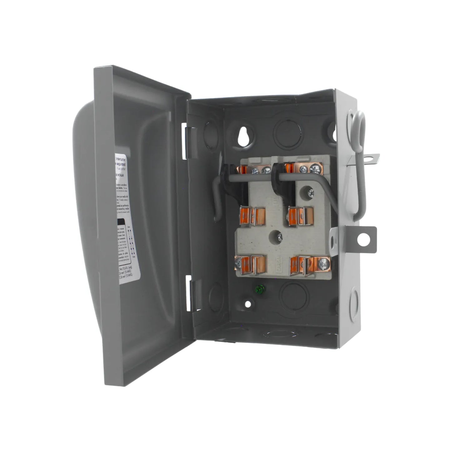 Interruptor de seguridad bifásico gris con gabinete metálico abierto y contactos de cobre para fusibles.