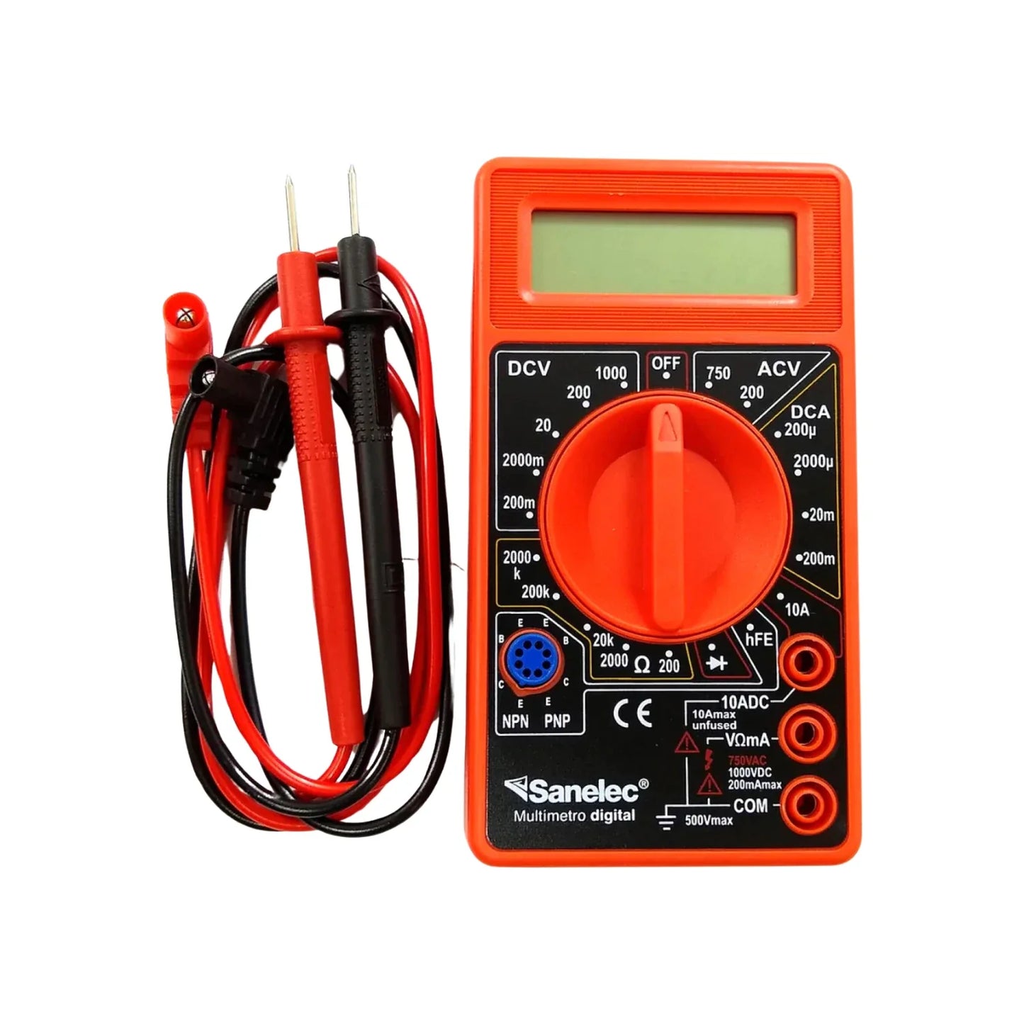 Fabricado en ABS,Material auto extinguible.,68 mm x 123 mm,Voltaje CC. 200 mV – 1 000 V,VVoltaje CA 750 V – 200 V,Resistencia 2 000 k-200,Para medir corriente, pruebe en serie., Para medir voltaje, pruebe en paralelo.,Para medir continuidad en un cable, probar inicio y fin de este.