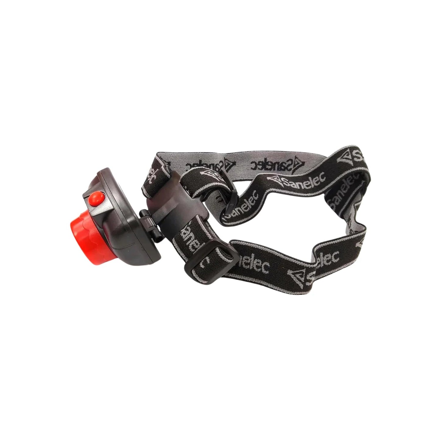 Linterna minera LED negra con detalles rojos y correa elástica Sanelec, ideal para iluminación manos libres.