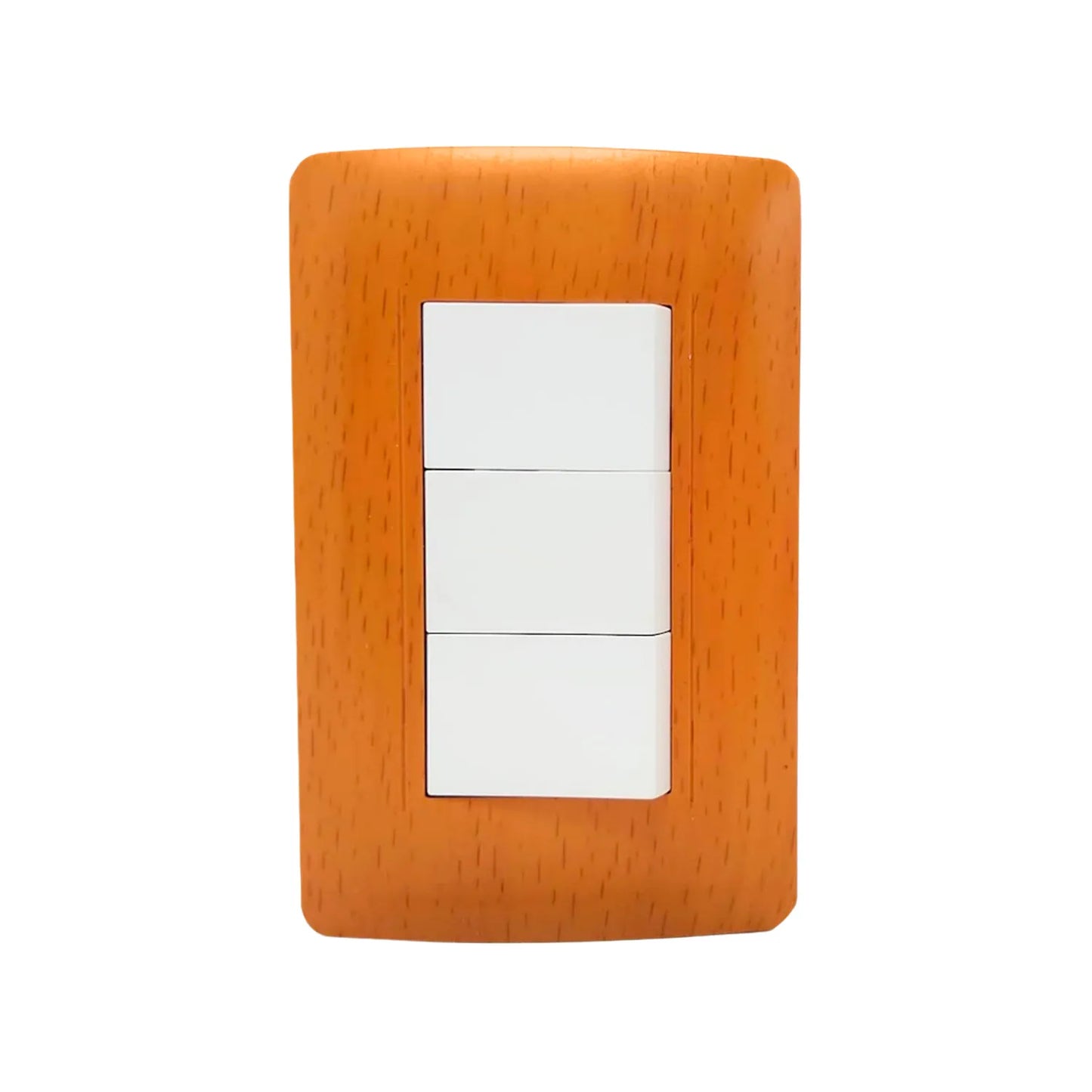 Fabricada de plástico ABS,Placa de 3 apagadores acabado blanco.,127 V - 10 A - 60Hz,Incluye tornillos.,Línea Wooden toscana de lujo.,NOM-003-SCFI-VIGENTE.