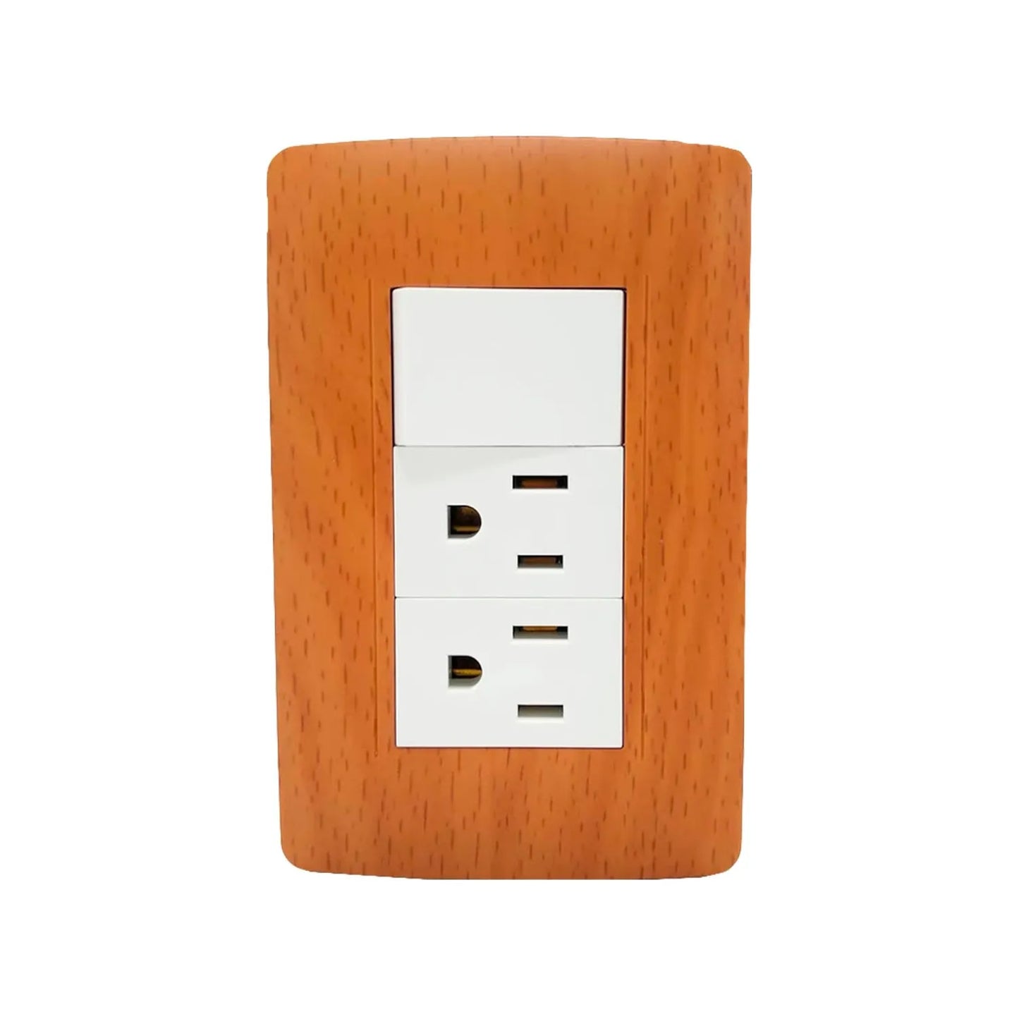 Fabricada de plástico ABS,Placa de 1 apagador 2 contactos acabado blanco/madera, n127 V – 10 A 60 Hz,Contactos aterrizados, incluye tornillos.,Línea Wooden toscana de lujo.