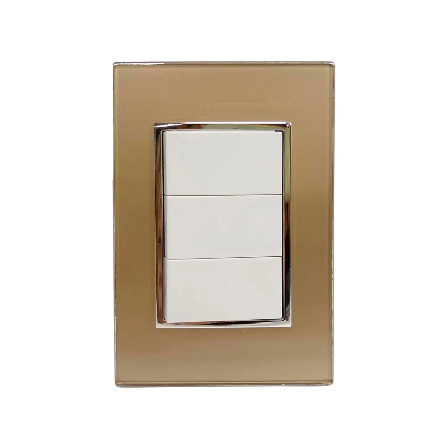Fabricada de plástico ABS,Placa de 3 apagadores.,127 V - 10 A - 60 Hz,Fácil instalación.,Línea Venecia Champagne.,NOM-003-SCFI-VIGENTE.
