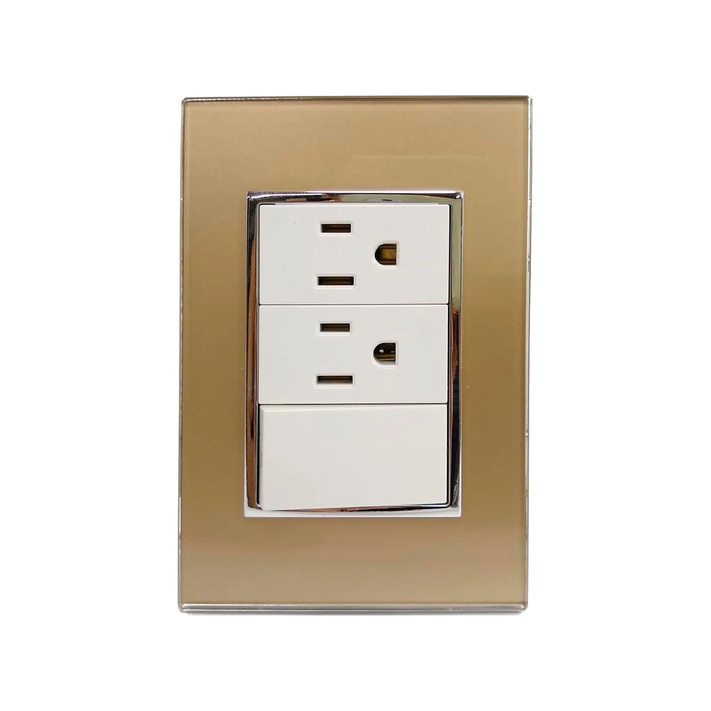 Fabricada de plástico ABS,Placa un apagador escalera y dos contactos.,127 V- 10 A – 60 Hz,Contactos aterrizados, incluye tornillos.,Fácil instalación.,Línea Venecia Champagne.,NOM-003-SCFI-Vigente