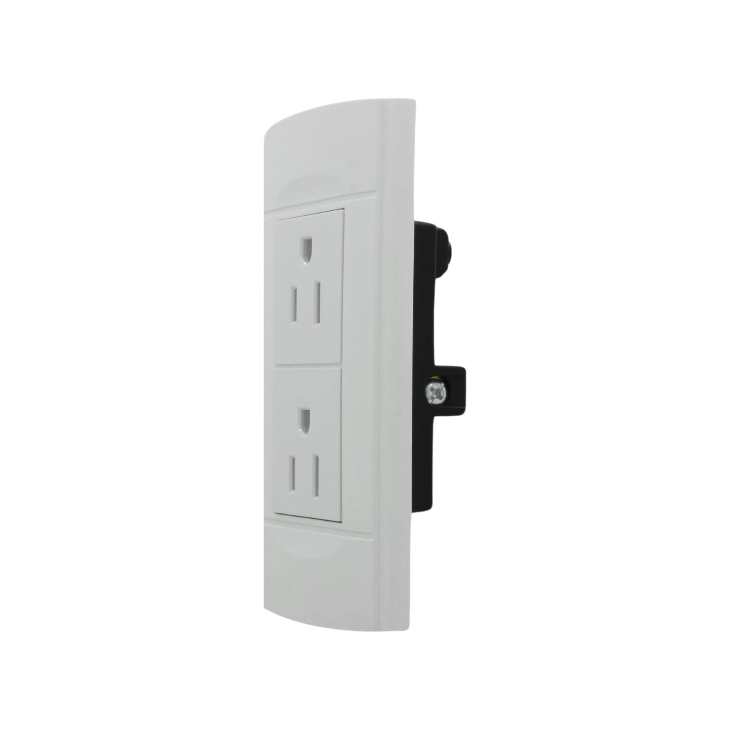 Tomacorriente dúplex blanco para pared, con dos receptáculos eléctricos, vista lateral mostrando componentes.