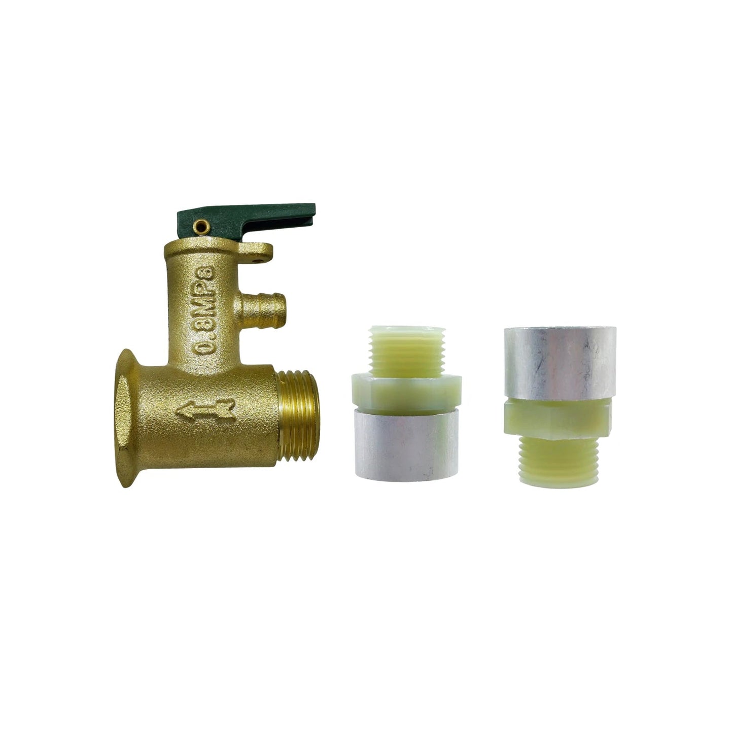 Válvula de alivio de presión de latón para calentador de agua, 0.8 MPa, con palanca verde y accesorios de fontanería.