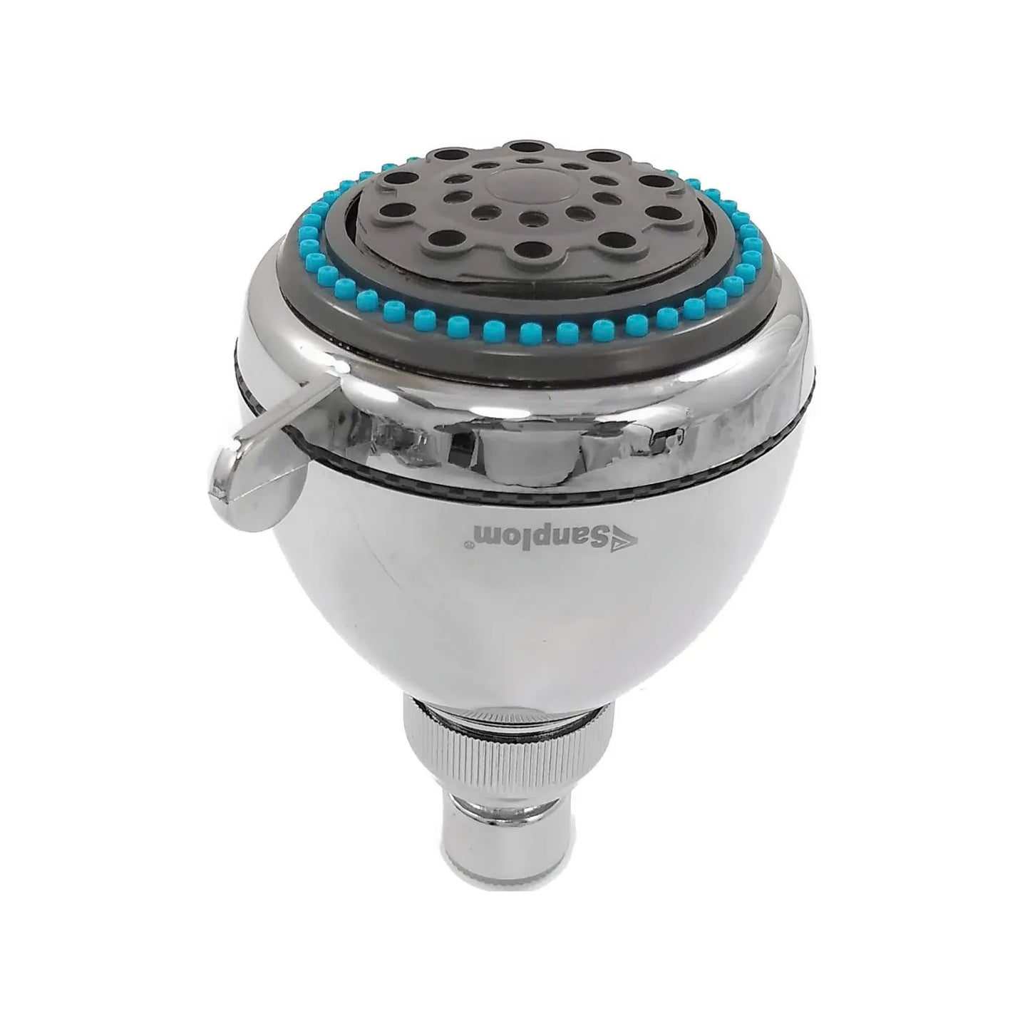 Fabricada en ABS de alta resistencia\.n\nAcabado cromado.,Boquillas de TPR para fácil limpieza (9 litros x minuto).,Manivela para cambiar la intensidad del chorro (conector estándar de latón).