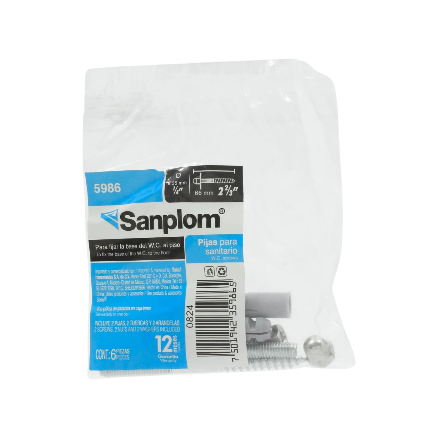 Kit tornillos Sanplom 5986 para fijar inodoro WC al piso, incluye pijas, tuercas, arandelas, taquetes grises y capuchones.