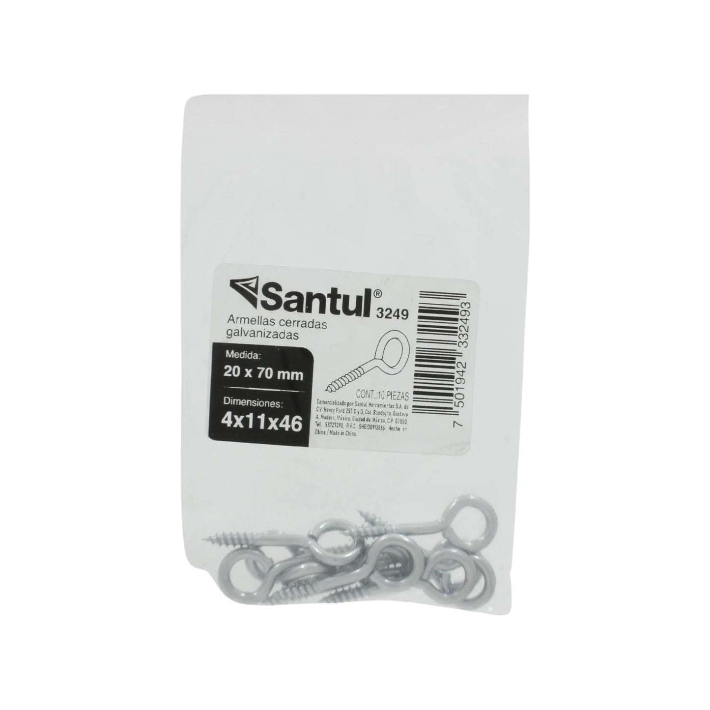 Armellas cerradas galvanizadas Santul 3249, 10 piezas de 20x70mm para fijación y sujeción