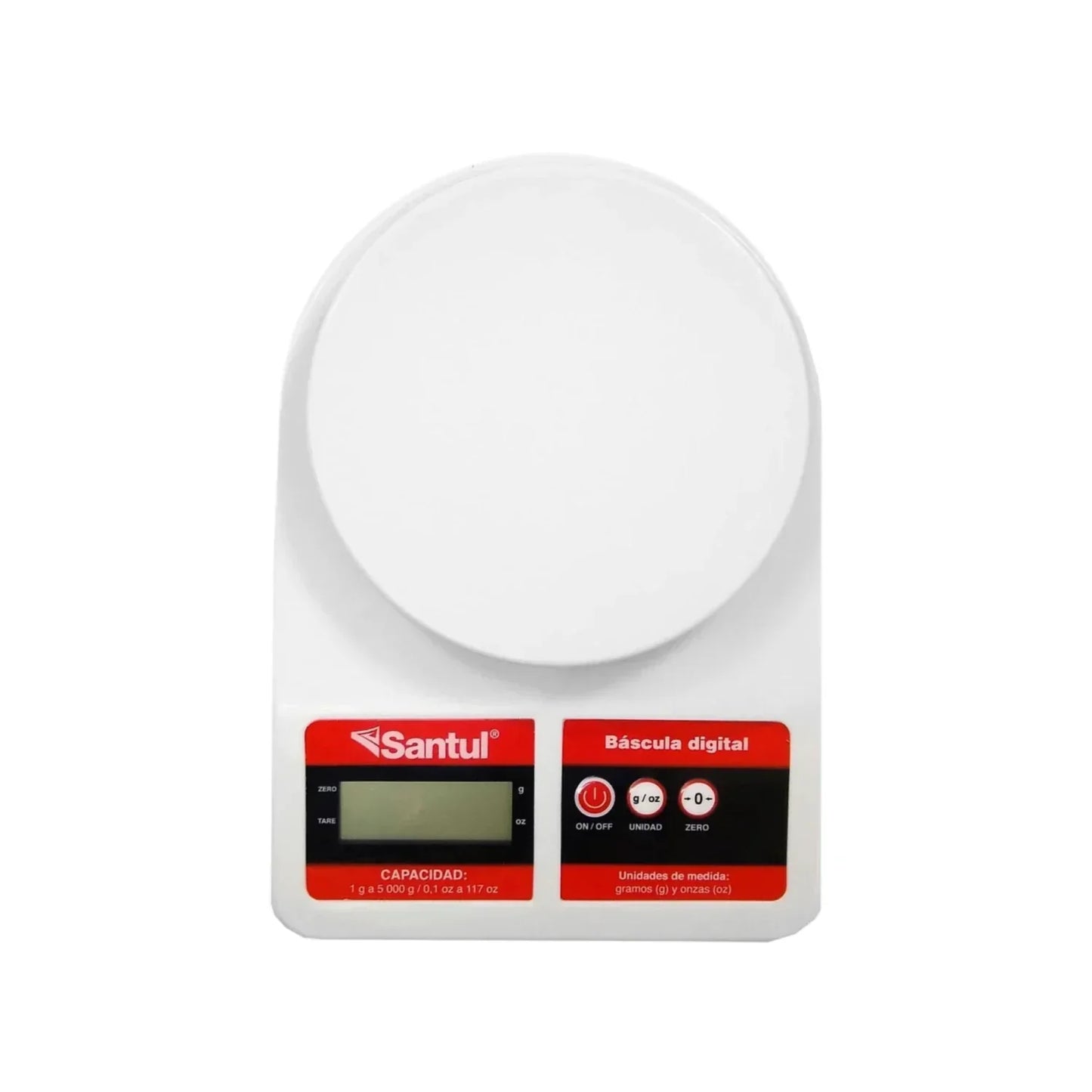 Báscula decocina.,Peso máximo: 5 kg,Unidades en gramos y onzas.,Sensor de alta precisión.,Función tara (permite pesar con recipiente).,Indicador de batería baja.,Cuerpo Fabricado en plástico ABS de alta resistencia.,Pantalla LCD,Indicador de sobrepeso.