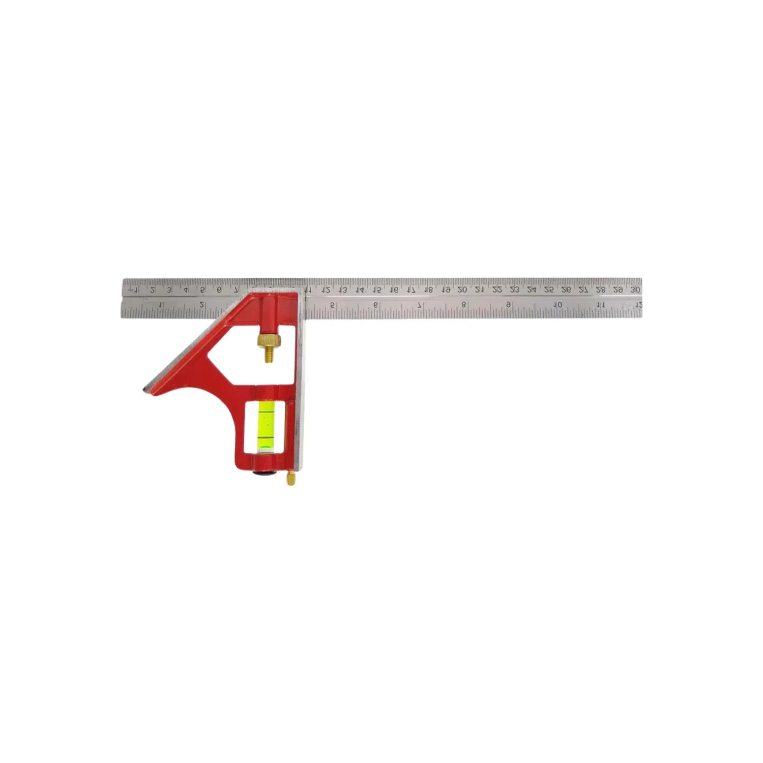 Regla Fabricada en acero inoxidable.,Caras rectificadas (trazos de 45º y 90º).,Gota de alta visibilidad (amarillo óptico).,Escuadra de combinación de 12" (30 cm).