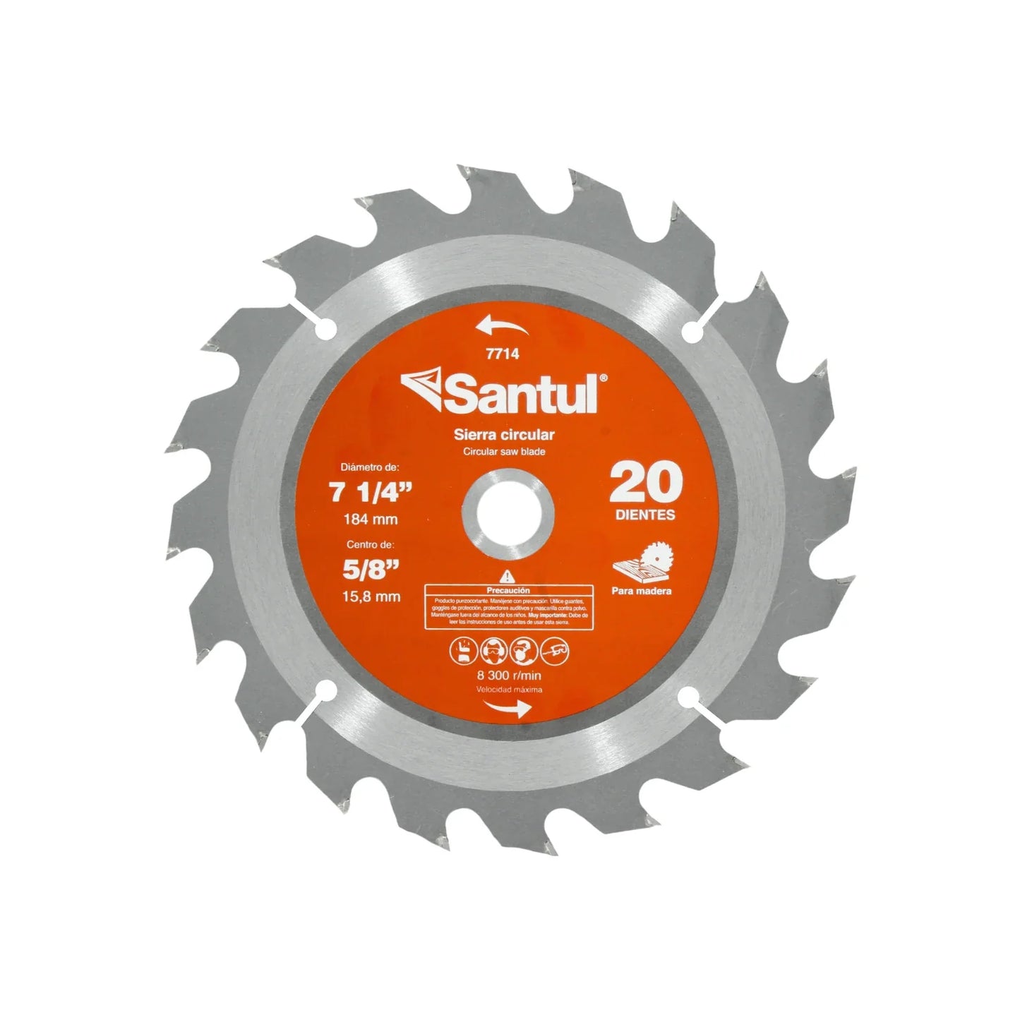 Sierra para madera con centro de 5/8" (16 mm).,Dientes de carburo de tungsteno.,Biselado alterno un diente hacia la derecha y otro a la izquierda.,Sierra de 20 dientes con diámetro de 7 1/4" (184 mm).