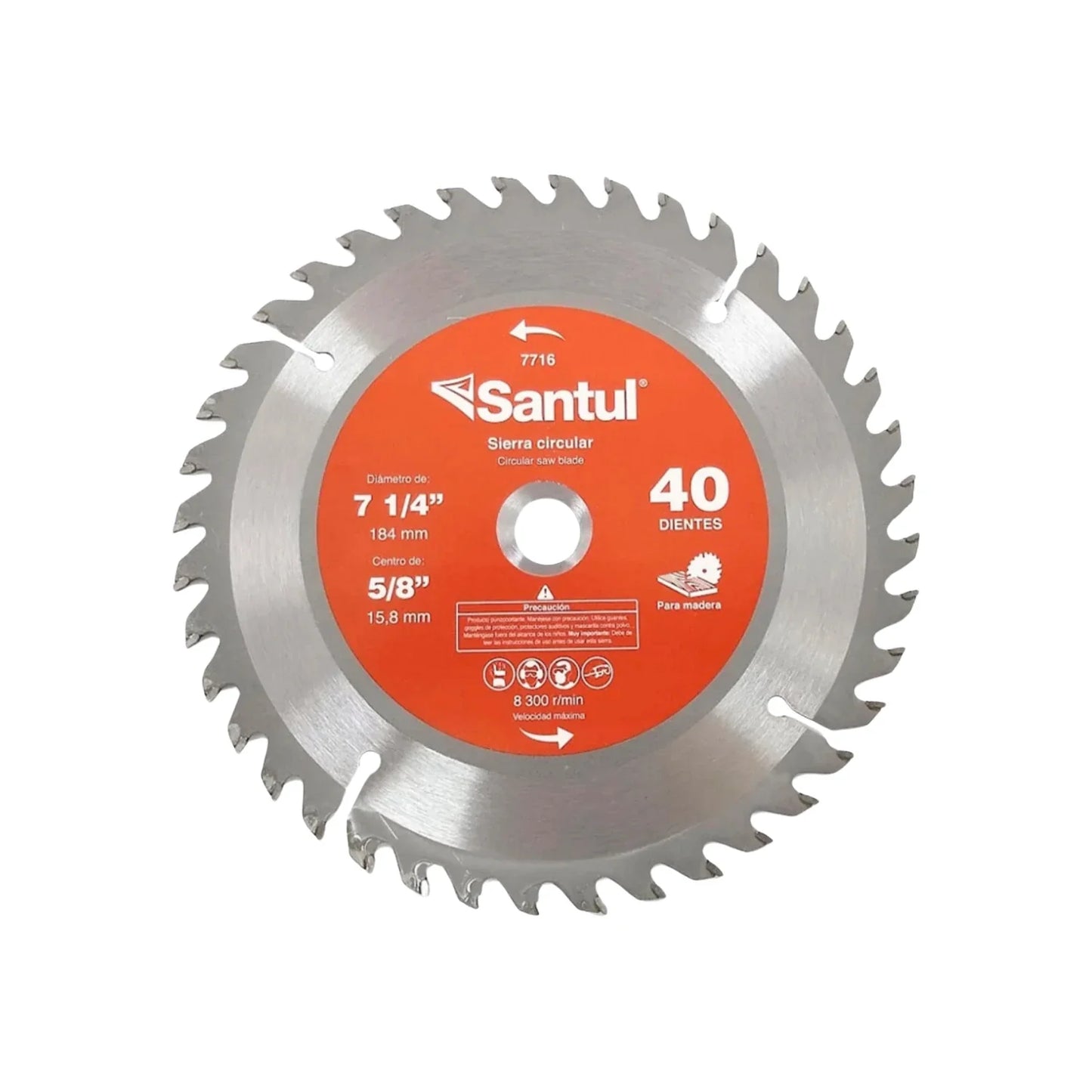 Sierra para madera con centro de 5/8" (16 mm).,Dientes de carburo de tungsteno.,Biselado alterno un diente hacia la derecha y otro a la izquierda.,Sierra de 40 dientes con diámetro de 7 1/4" (184 mm).,Todo tipo de madera.