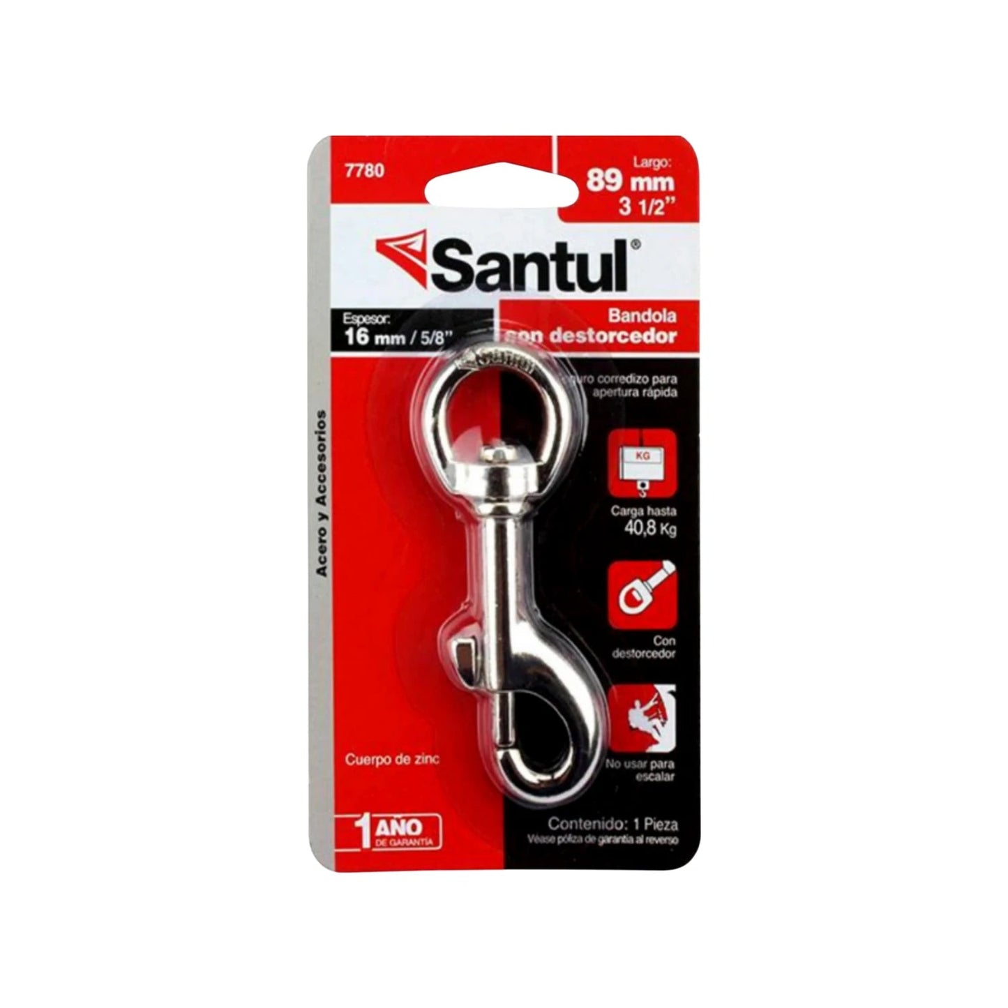 Bandola con destorcedor Santul 7780 de zinc, 5/8"x3 1/2", capacidad 40.8kg, gancho giratorio