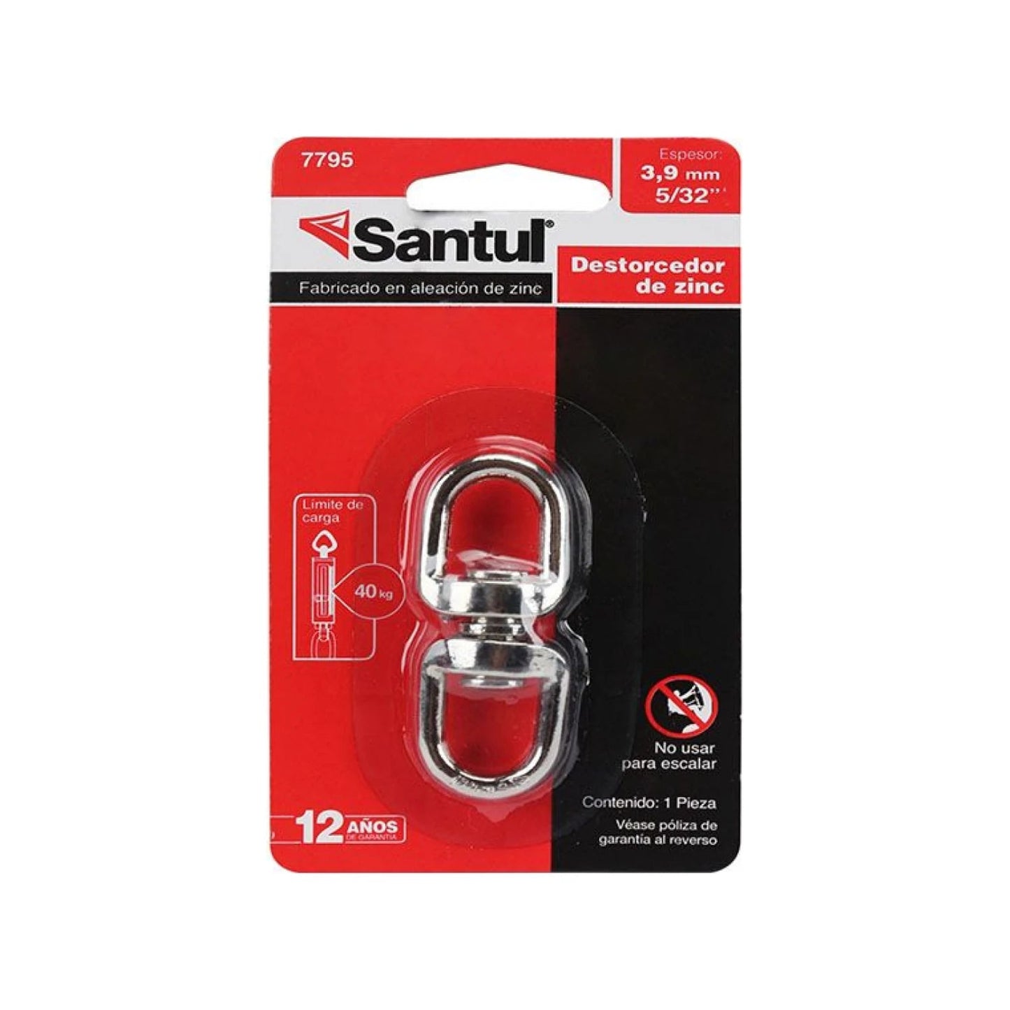 Destorcedor de zinc Santul 7795 de 5/32" (3.9mm) con límite de carga 40kg, acabado metálico