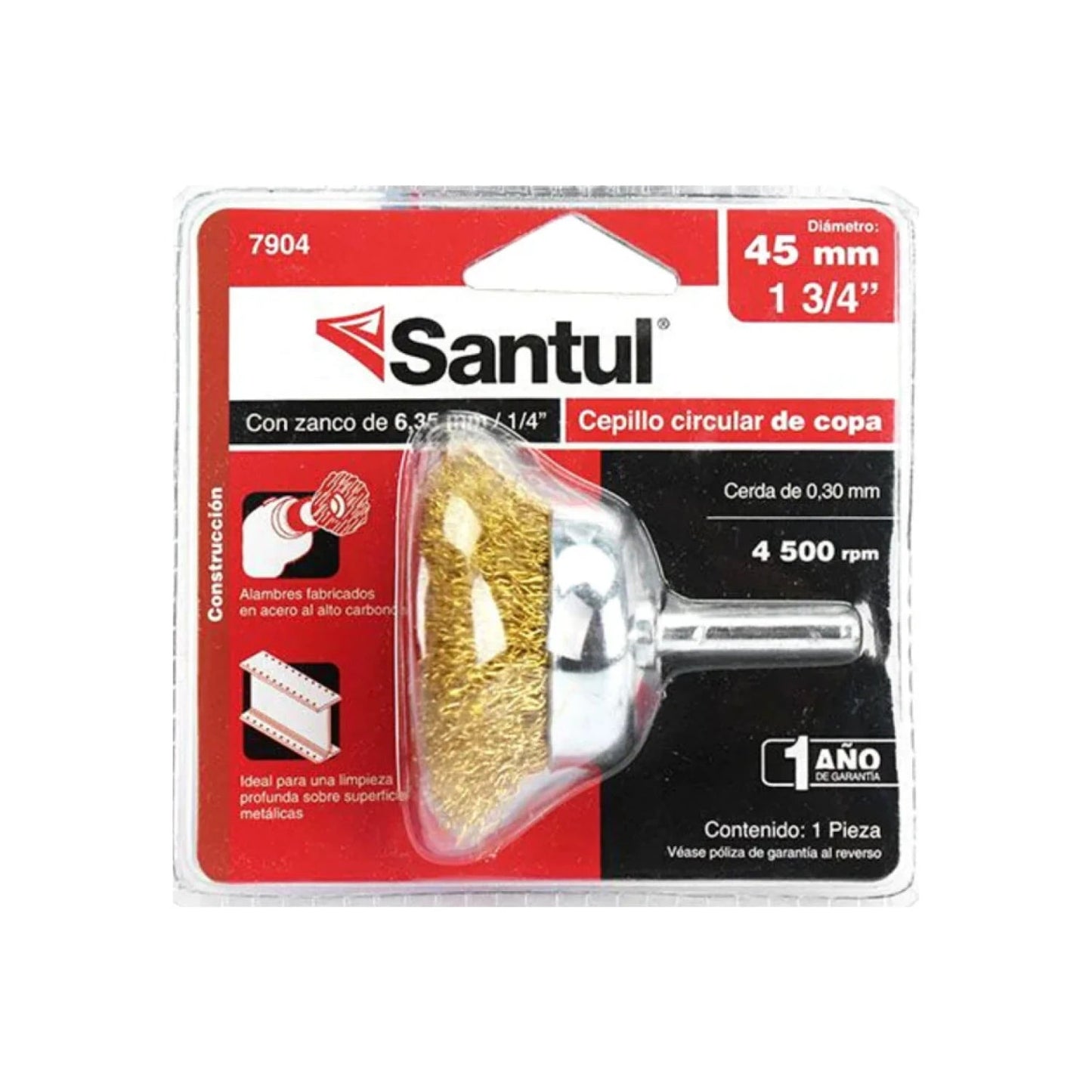 Carda de copa Santul 1 3/4" (45mm) de acero al alto carbono dorada, zanco 1/4", para limpieza profunda de metales.