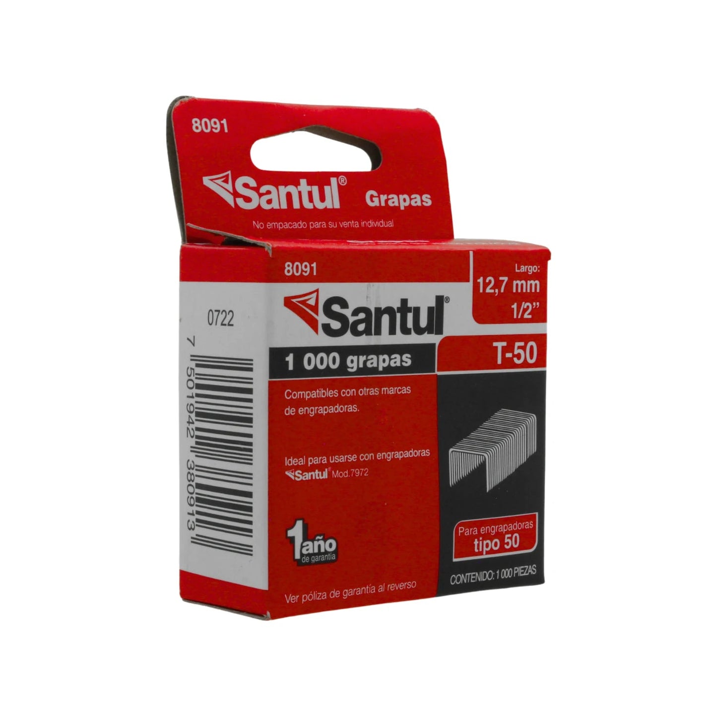 Grapas Santul T-50 de 12.7mm (1/2") para engrapadoras, paquete rojo con 1000 piezas, código 8091