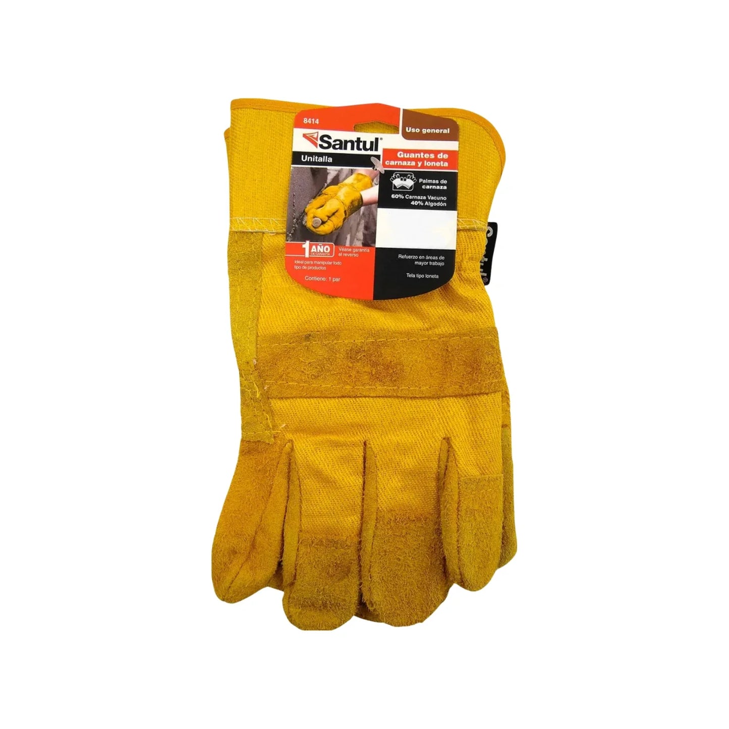 Composición 60% carnaza vacuna 40% algodón.,Guante de carnaza y loneta unitalla.,Puños de seguridad.,Resistente a materiales abrasivos, el desgarre y la perforación.