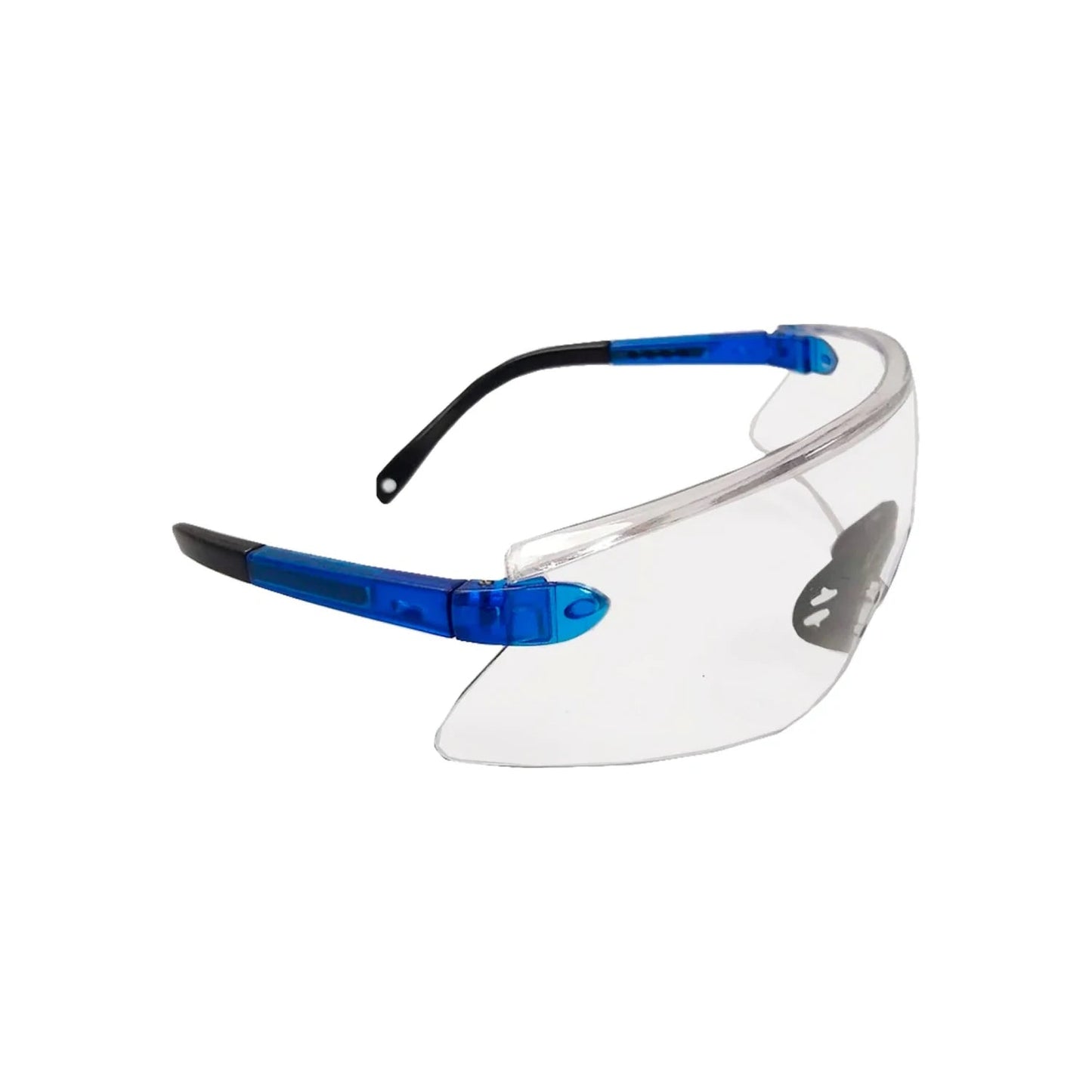 Lente de seguridad transparente multiángulo con patillas azules para protección ocular en ferretería